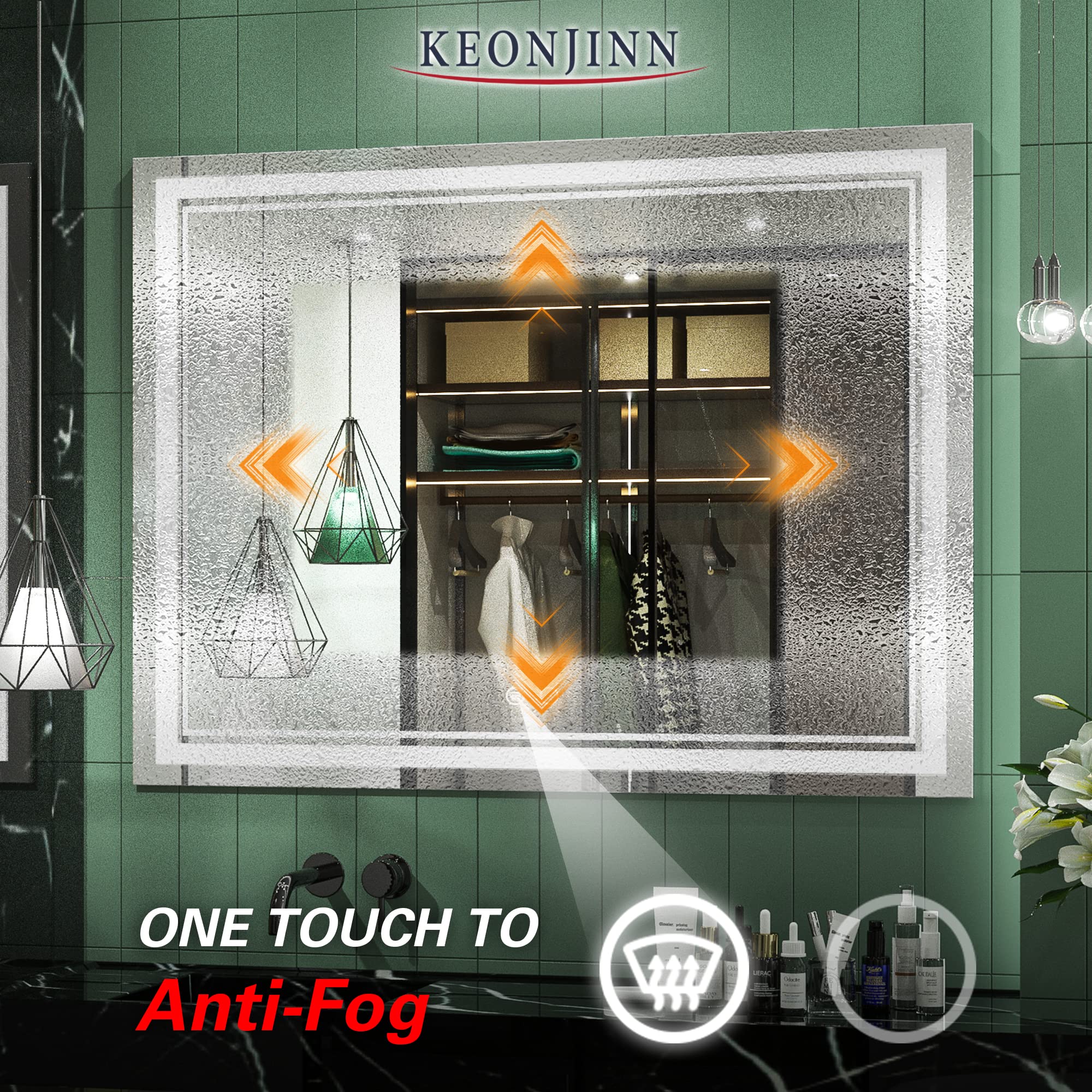 Keonjinn LED Bathroom Mirror with Lights  48 x 36 Inch LED Vanity Mirrors  Wall Mounted Anti-Fog Dimmable Front Lighted Makeup Mirror for Bedroom  CRI 90+  IP54 and Shatterproof (Horizontal/Vertical)