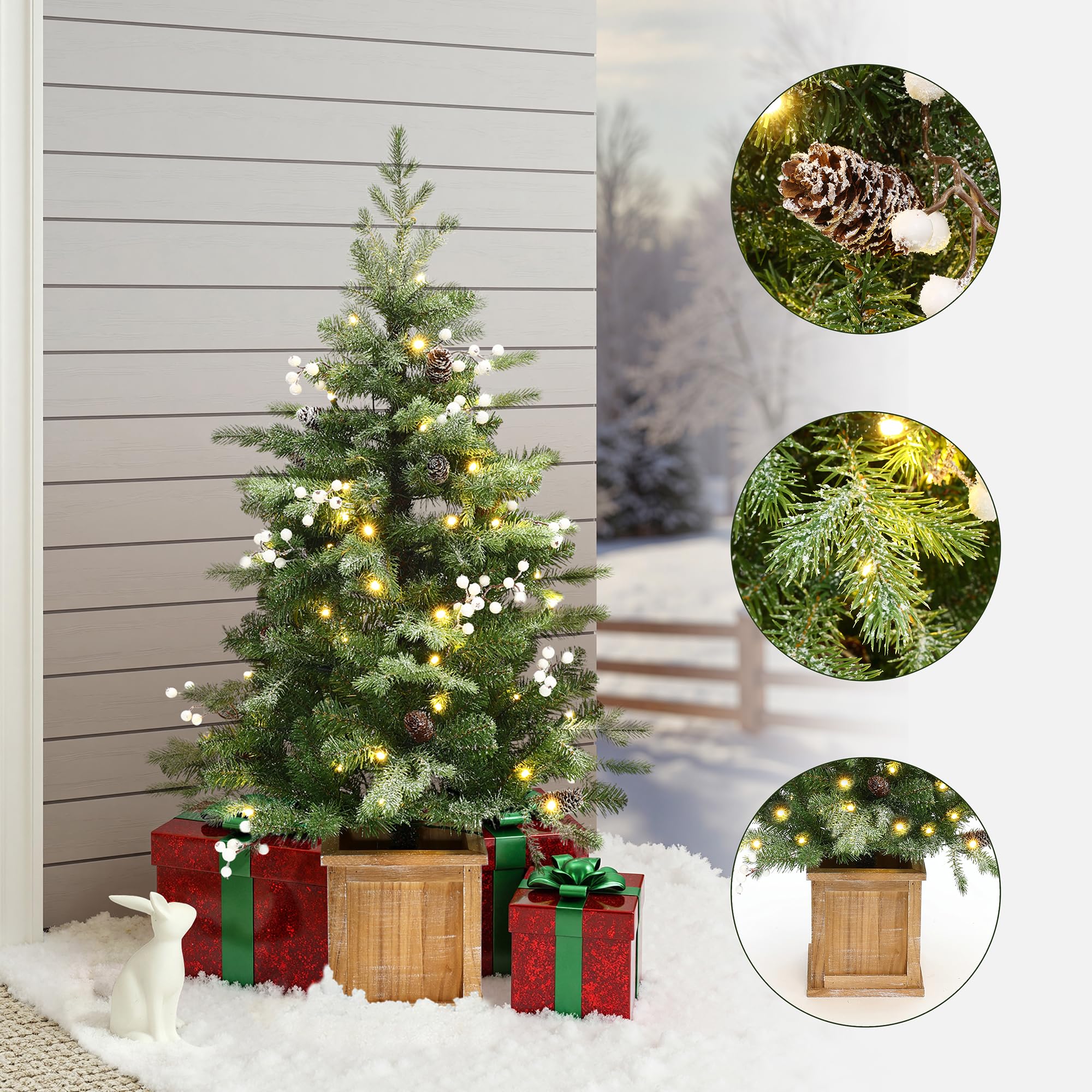 LuxenHome 4FT Potted Flocked Christmas Tree, Small Christmas Tree Prelit with 70 Warm White LED Lights, Berries and Pine Cones,