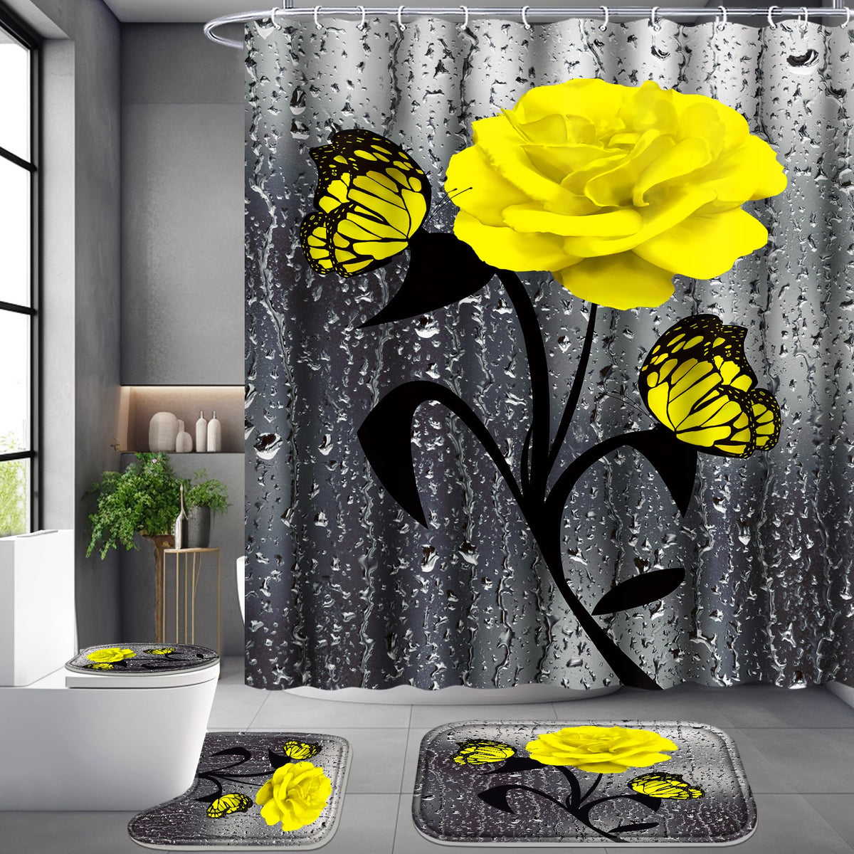 Poedist 4 Pcs Bathroom Set,Yellow Rose Shower Curtain Sets, Romantic Shower Curtain Sets With Rugs(Bath Mat,U Shape And Toilet L