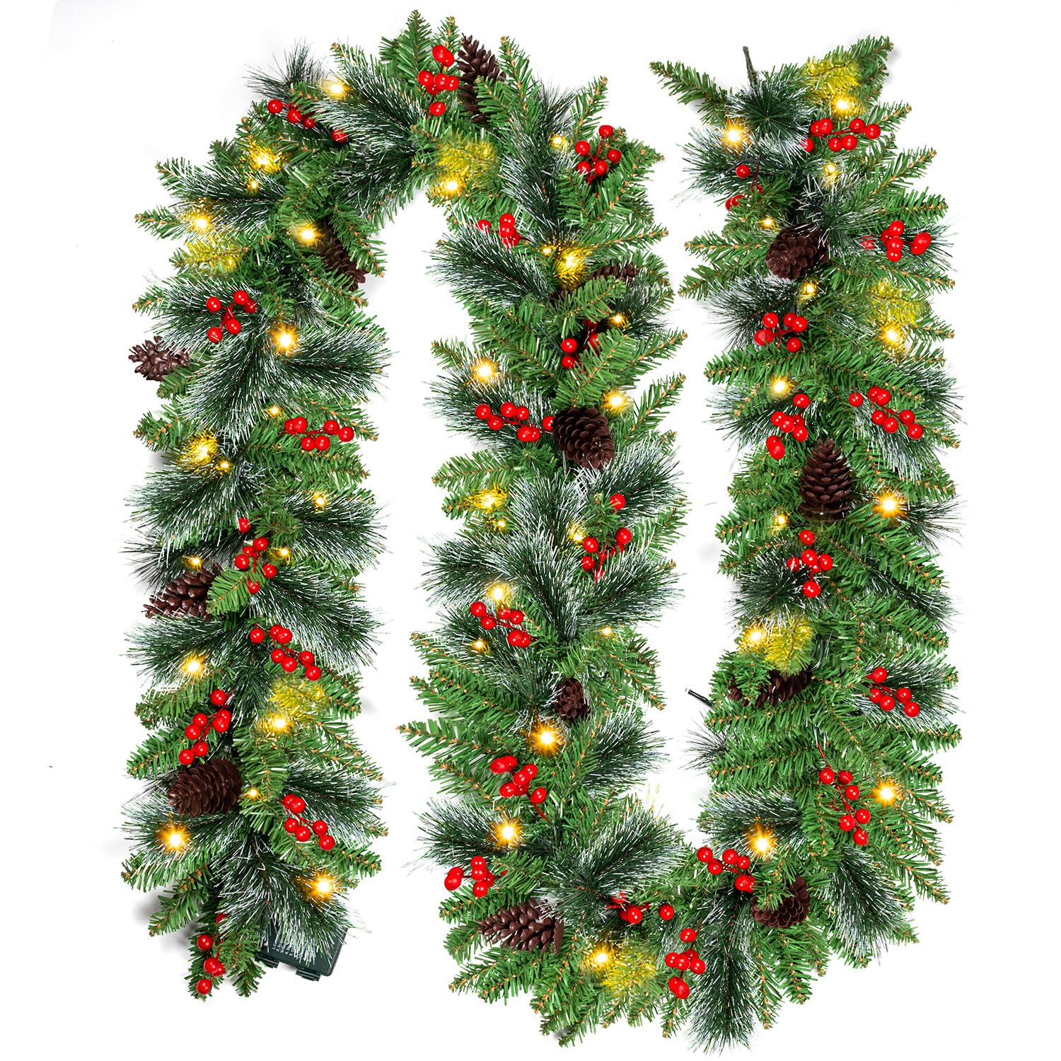 9ft Christmas Garland with Snow, Pinecones, Red Berry,50 Battery Operated Soft White LED Lights with Timer,Artificial Holiday De