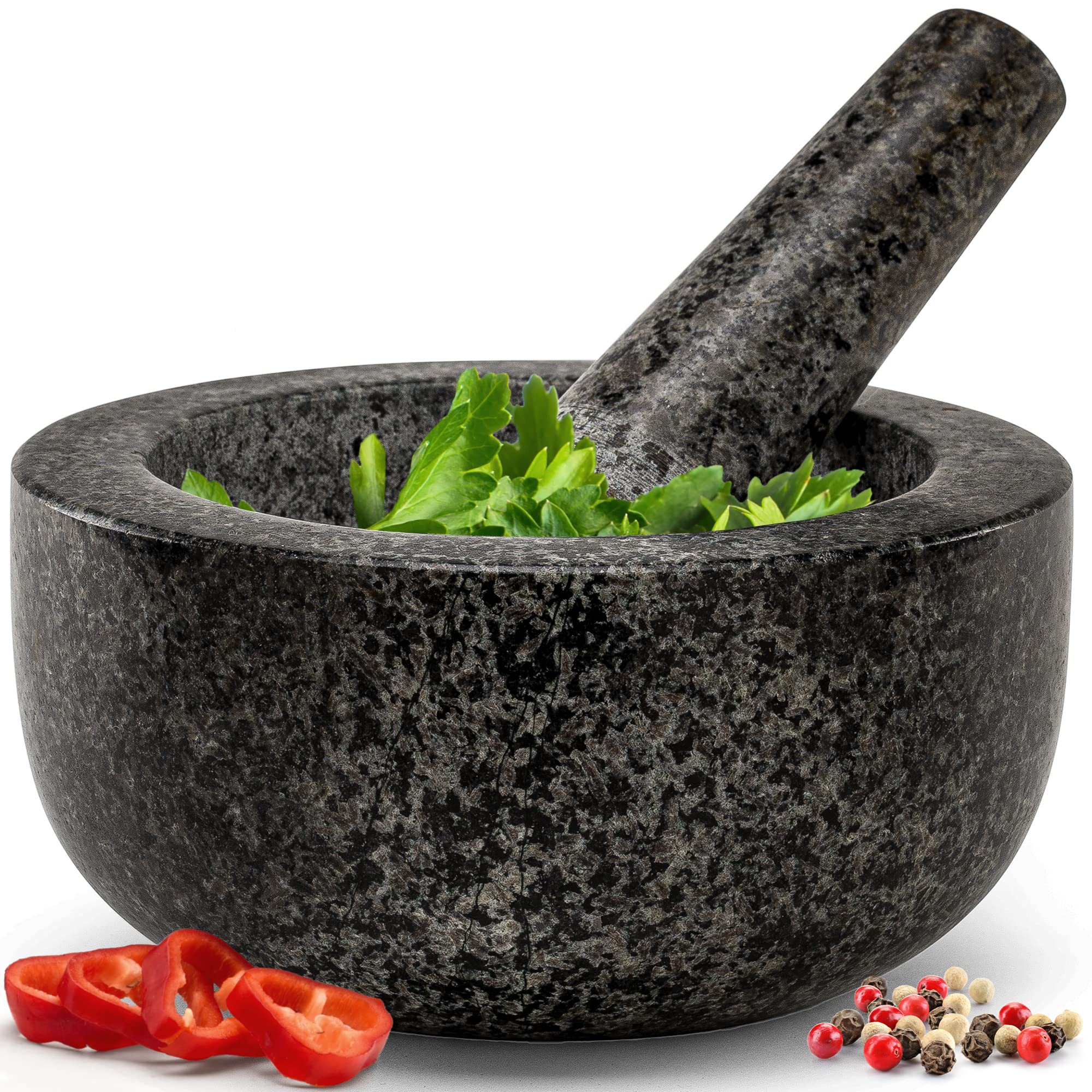 Heavy Duty Large Mortar And Pestle Set,100% Granite, Non Slip Base, Make Fresh Guacamole, Salsa, Pesto, Stone Grinder Bowl, Herb