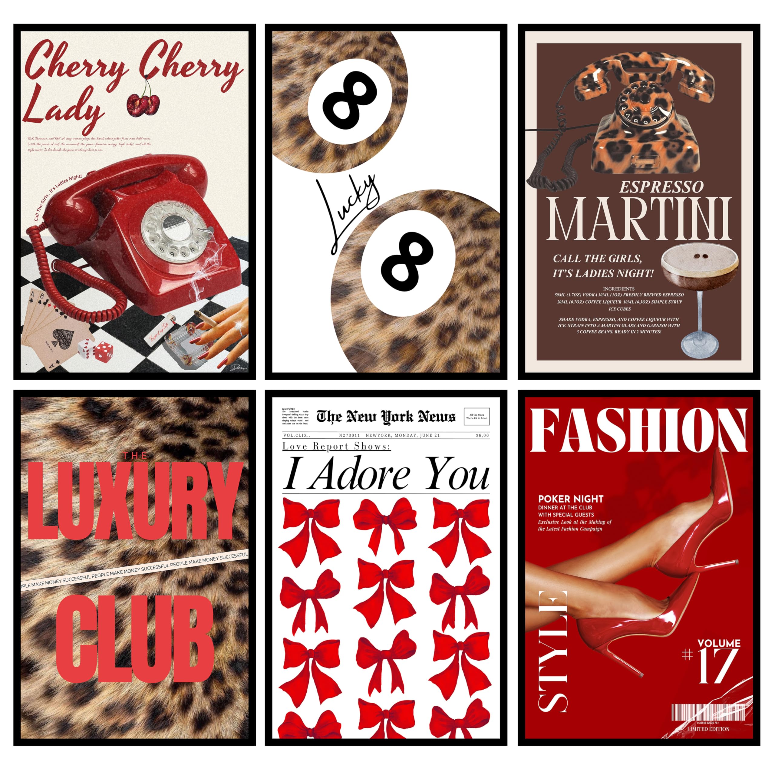 Zxxzkwpp Pink Cheetah Print Room Decor Poster, Trendy Red Fashion Leopard Print Wall Art Aesthetic Lucky 8 Ball Poster Coquette 