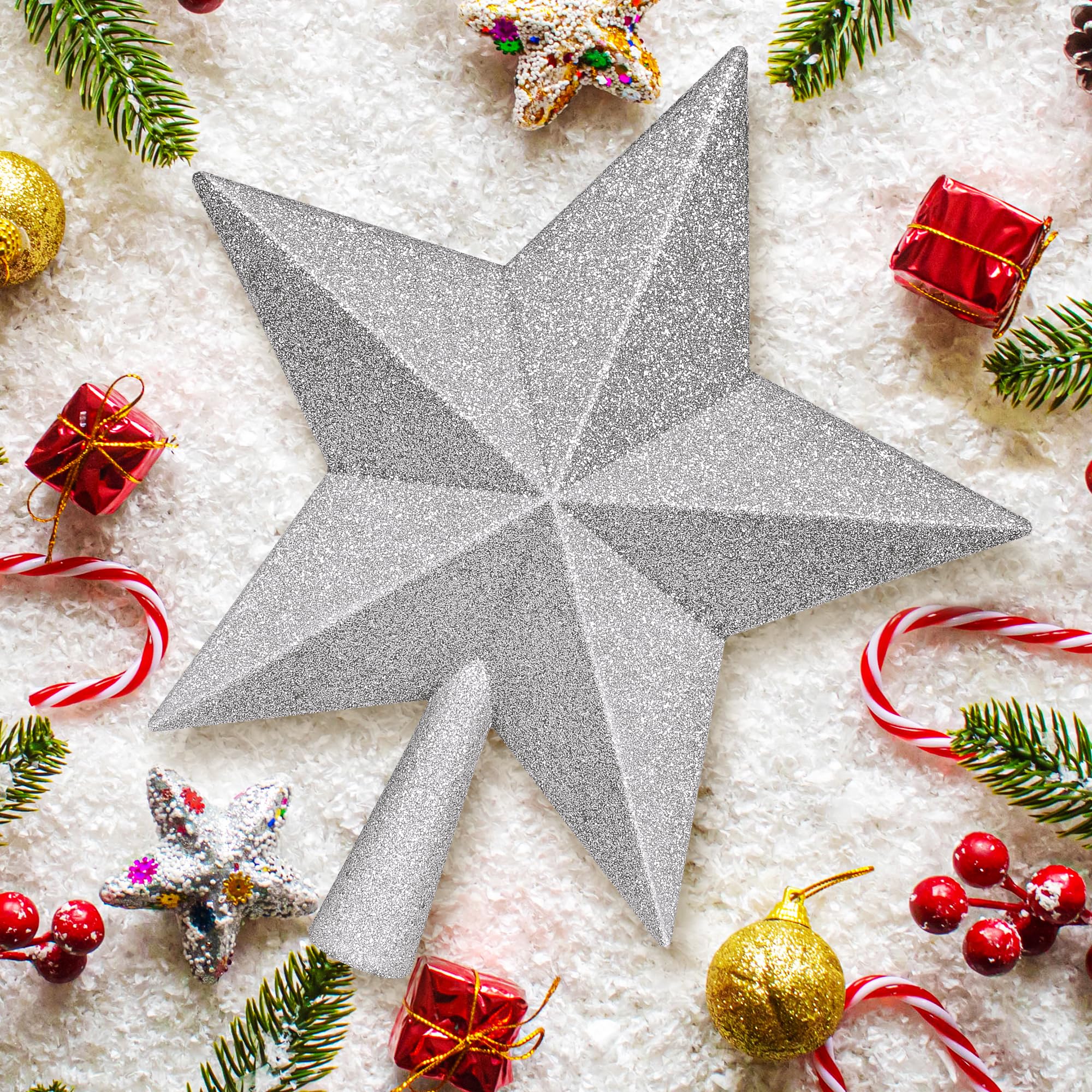 Christmas Tree Decoration, 10 Silver Christmas Tree Topper with Glitter, Large Bethlehem Star Xmas Tree Topper Decor, Waterproof