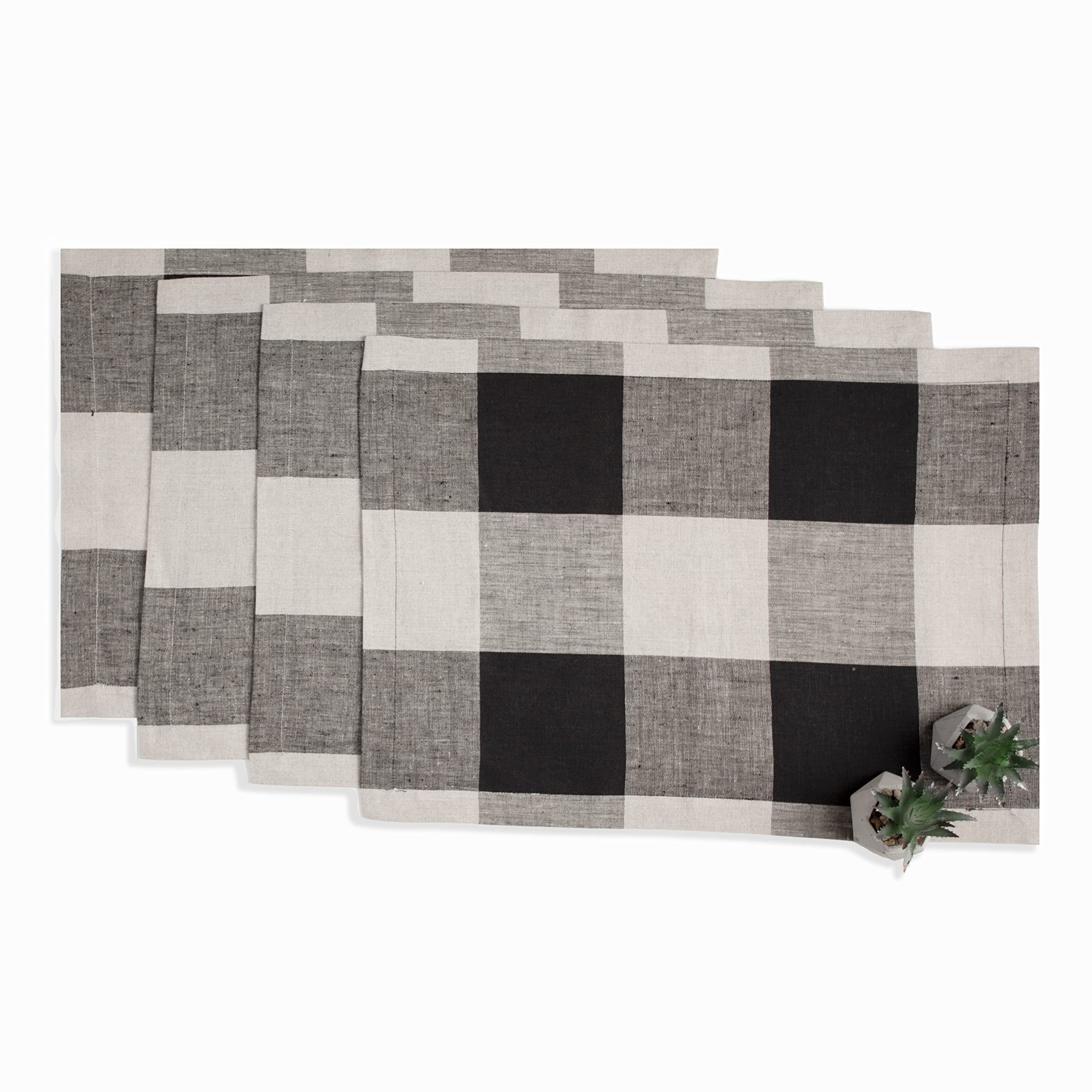 D'Moksha Homes Buffalo Check Linen Placemats Set Of 4-100% Pure Linen Black And Natural Plaid Placemats 14 X 19 Inch - Machine W