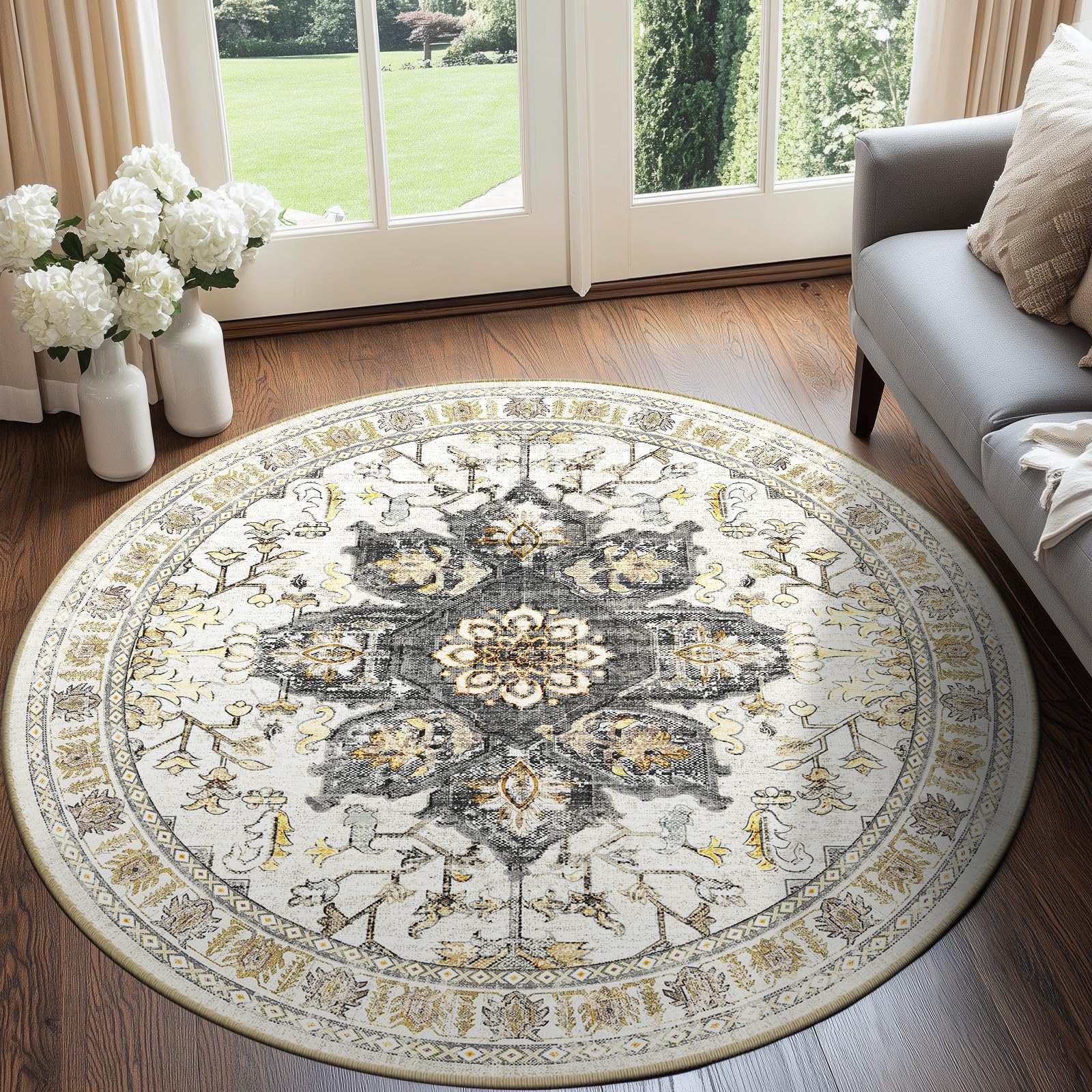 BESTSWEETIE 6ft Round Rugs Washable Round Rug Non-Slip No Pile Round Rugs 6ft Boho Round Rugs for Living Room 6ft Vintage Round 
