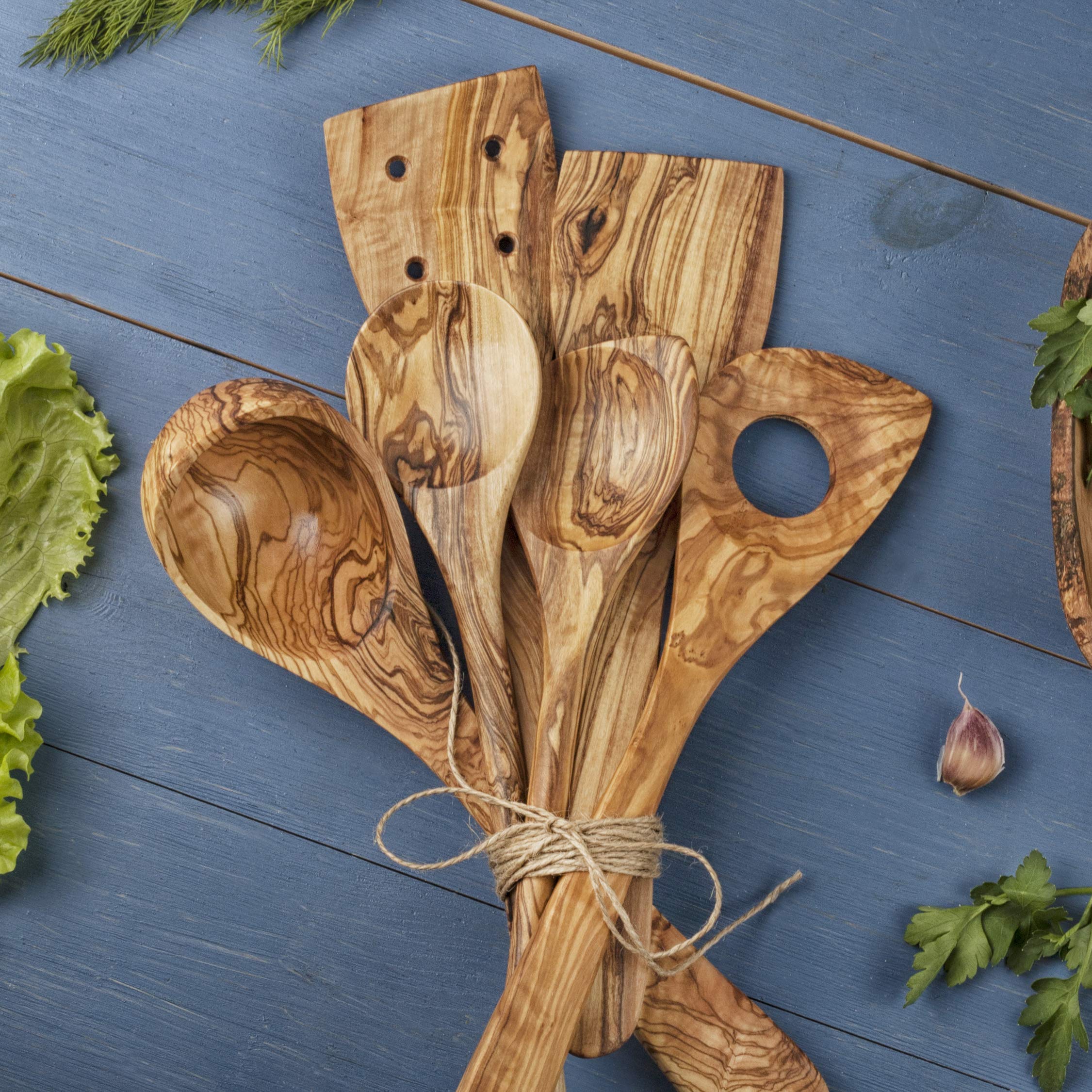 Forest Decor Olive Wood Utensils Set For Cooking - 6Pcs Non-Stick Handmade Wooden Spatulas For Cookware - Non Scratch Natural Wo