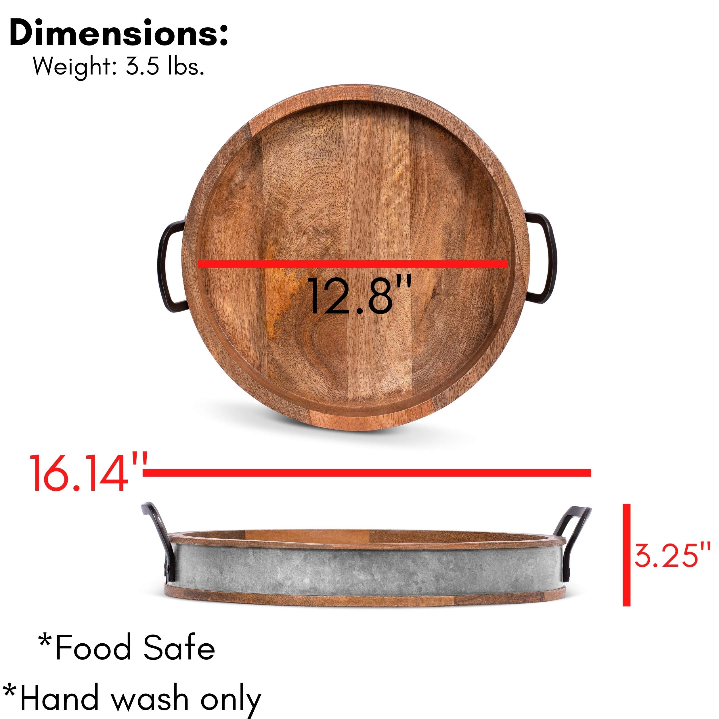 Birdrock Home Wooden Serving Tray With Handles - Iron Accents - Round Barrel Top Breakfast Trays - Tea Cheese Board - Coffee Tab