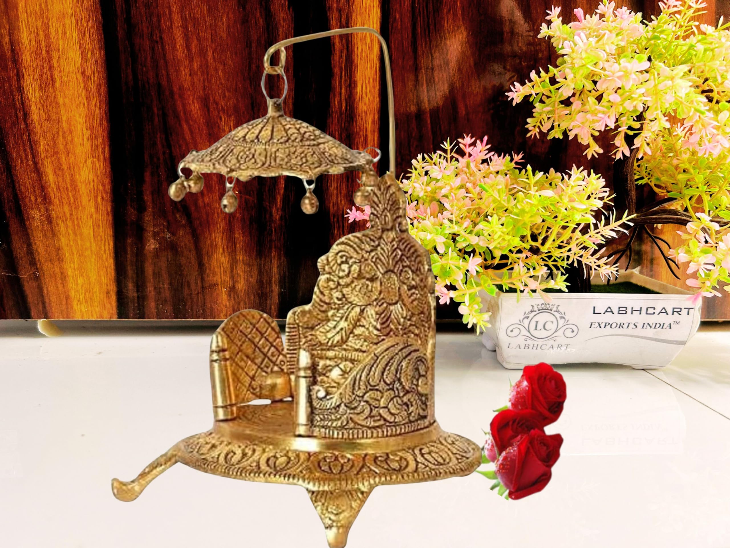 Labhcart Decorative Brass Singhasan Throne With Umbrella, Traditional Indian Temple Design, Antique Gold Finish
