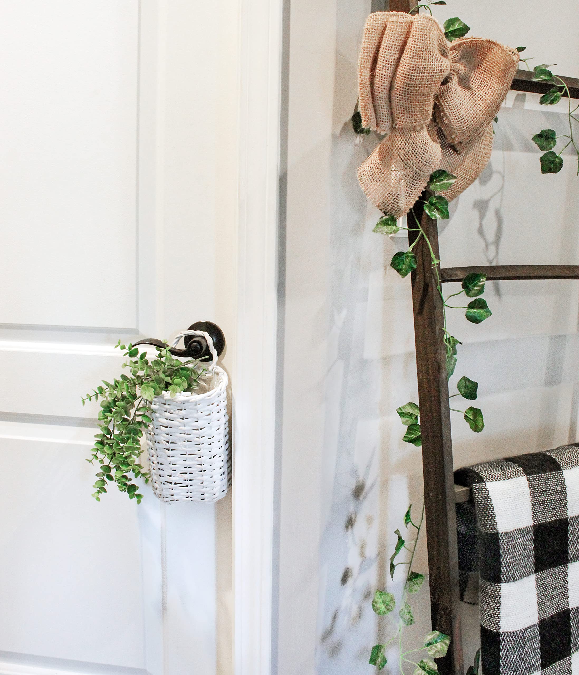 AuldHome Wall Hanging Baskets (White  Set of 2); Woven WIcker Rustic Farmhouse White Washed Door Baskets  Small and Medium Size