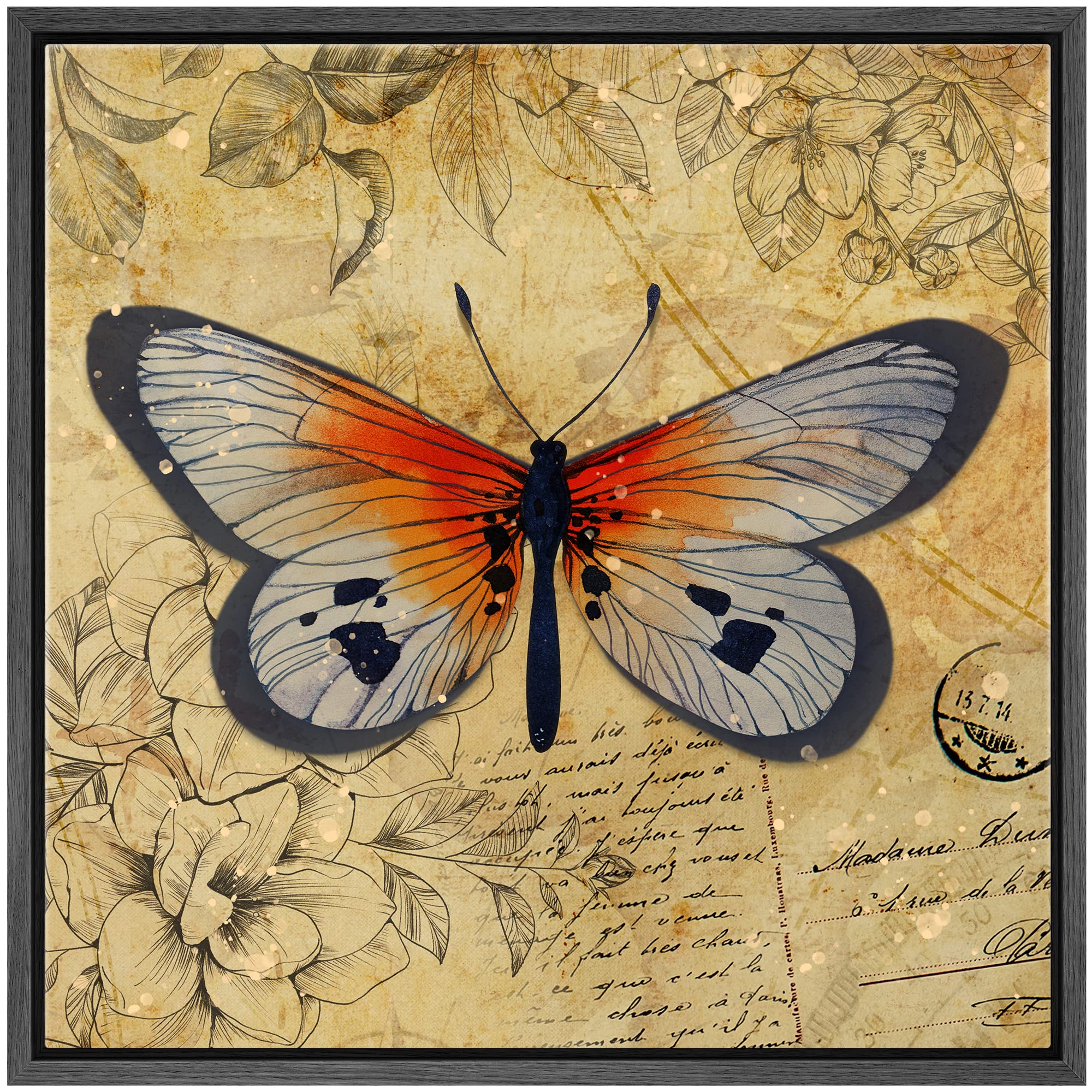 Wall26 Framed Canvas Print Wall Art Orange Monarch Butterfly Floral Pattern Nature Wilderness Rustic Modern Art Farmhouse Decora