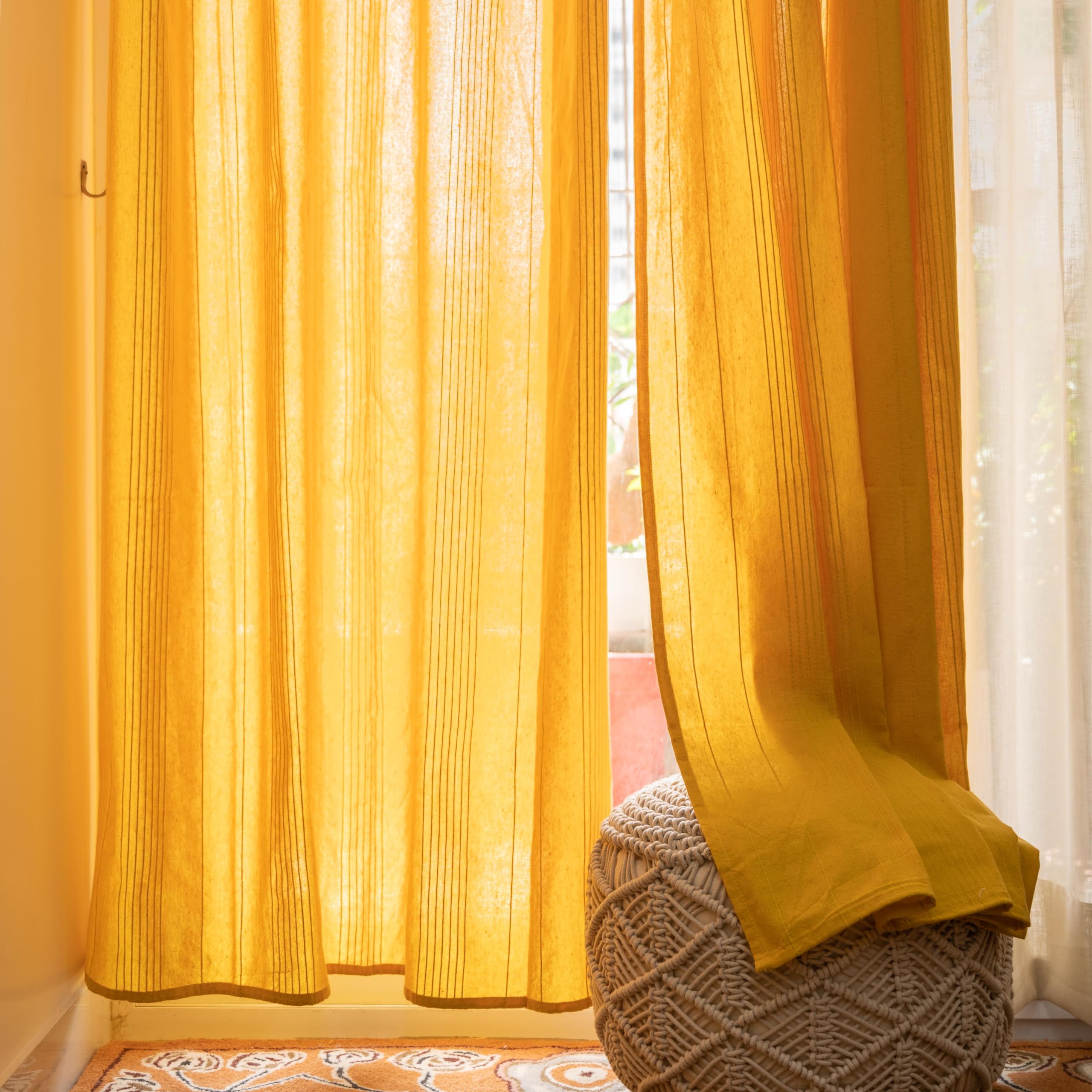 Rangbhar Cotton Door Curtains | 7 Feet Long Set Of 2 | Pure Handloom Light Filtering Fabric | Eyelet Curtains For Living Room & 