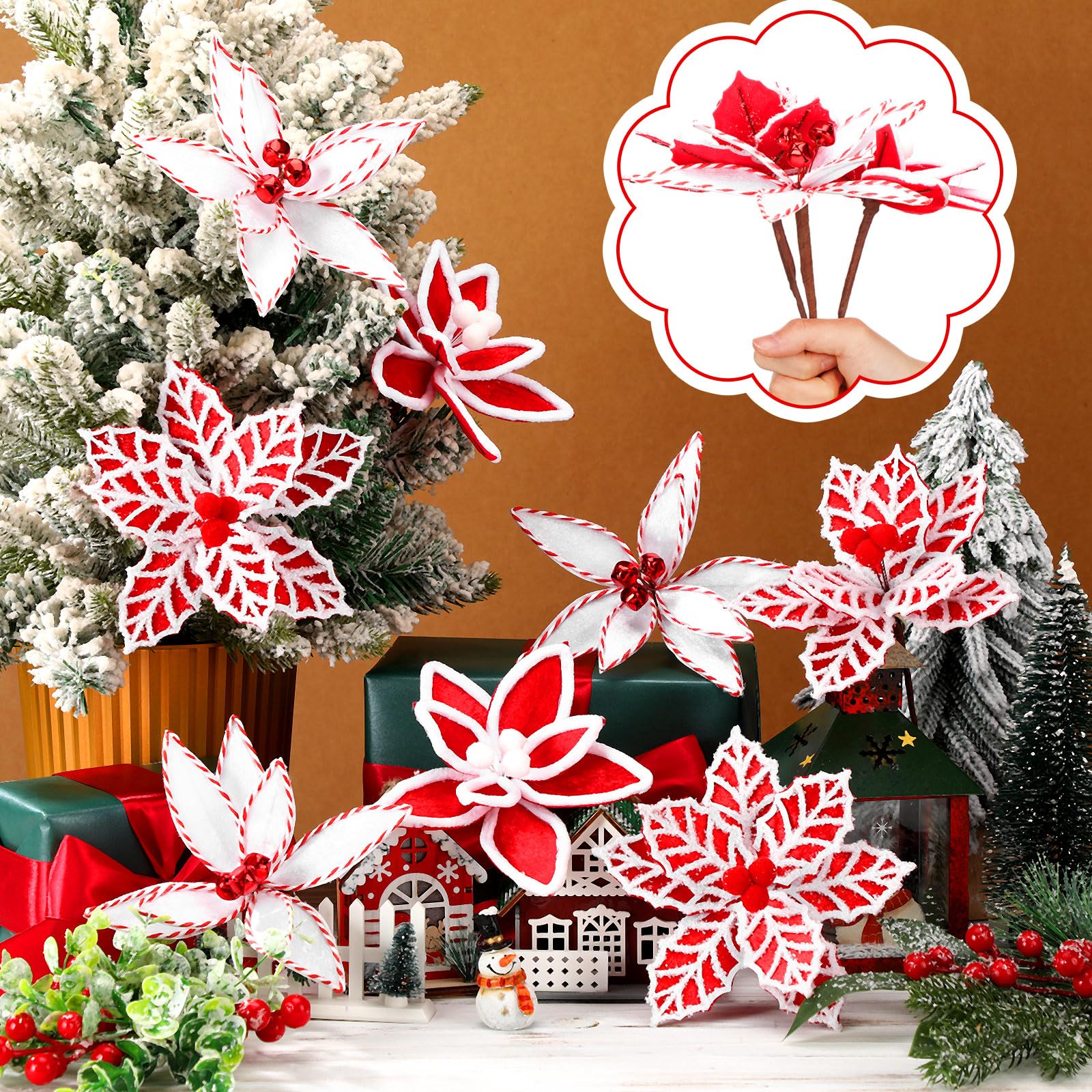 Bucherry 12 Pcs Red and White Christmas Ornaments Tree Decorations, Silk Christmas Poinsettia Artificial Flowers with Clips Stem