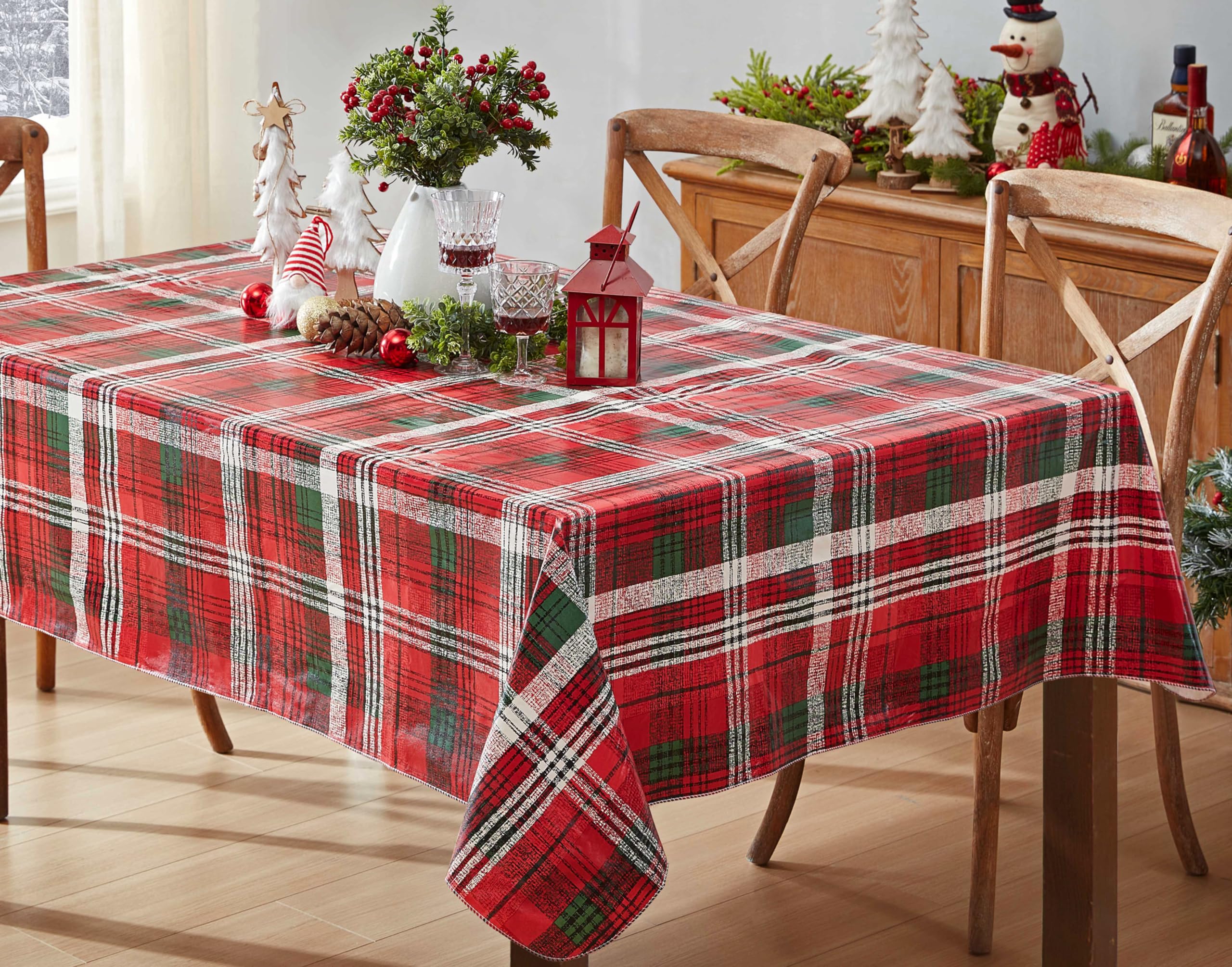 Newbridge Burke Tartan Red and Green Plaid Christmas Print Vinyl Flannel Backed Tablecloth, Classic Holiday Tartan Plaid Xmas Ea
