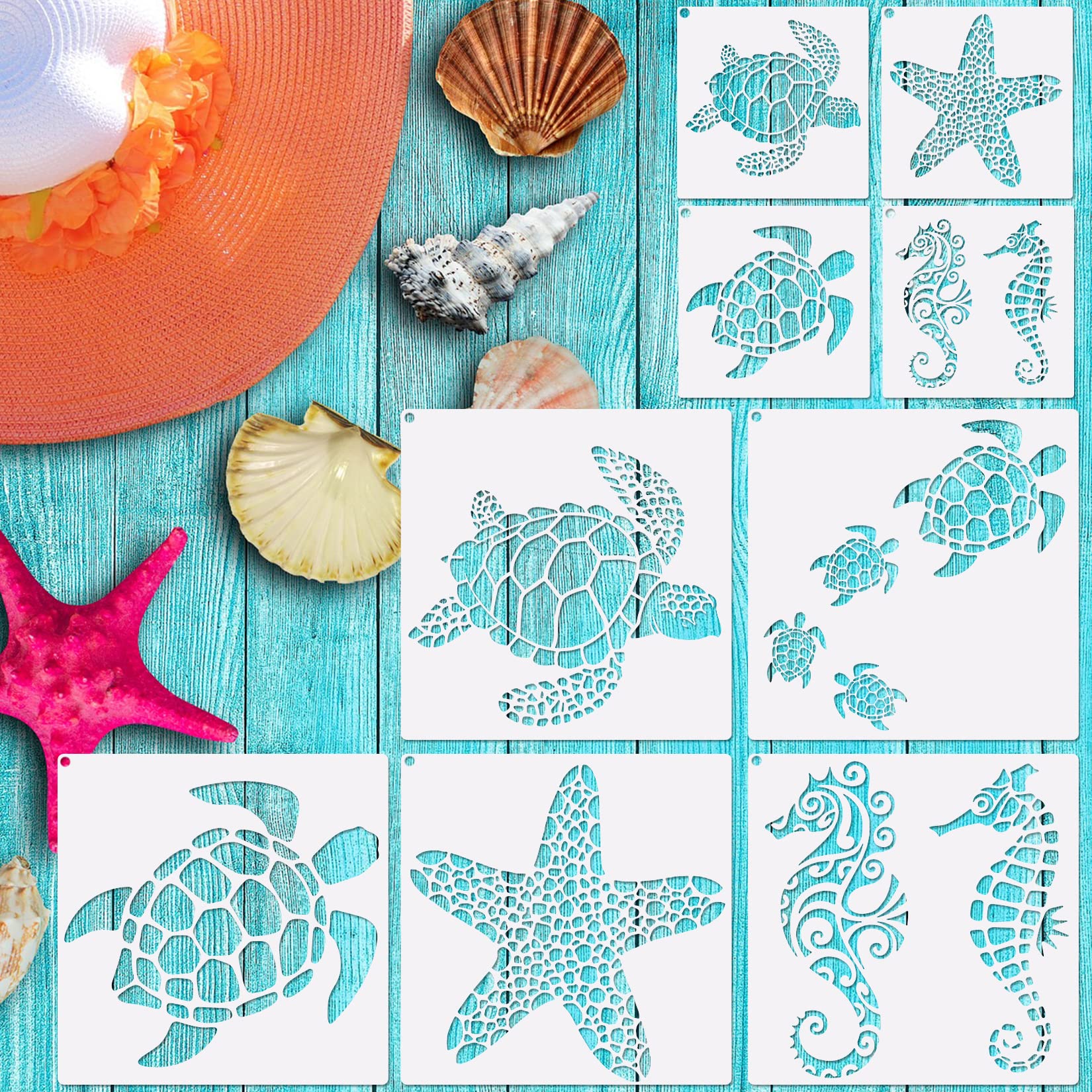 9 Pcs Sea Turtle Stencil Starfish Beach Seahorse Stencil Reusable Painting Sea Ocean Creatures Stencils Template For Diy Crafts 