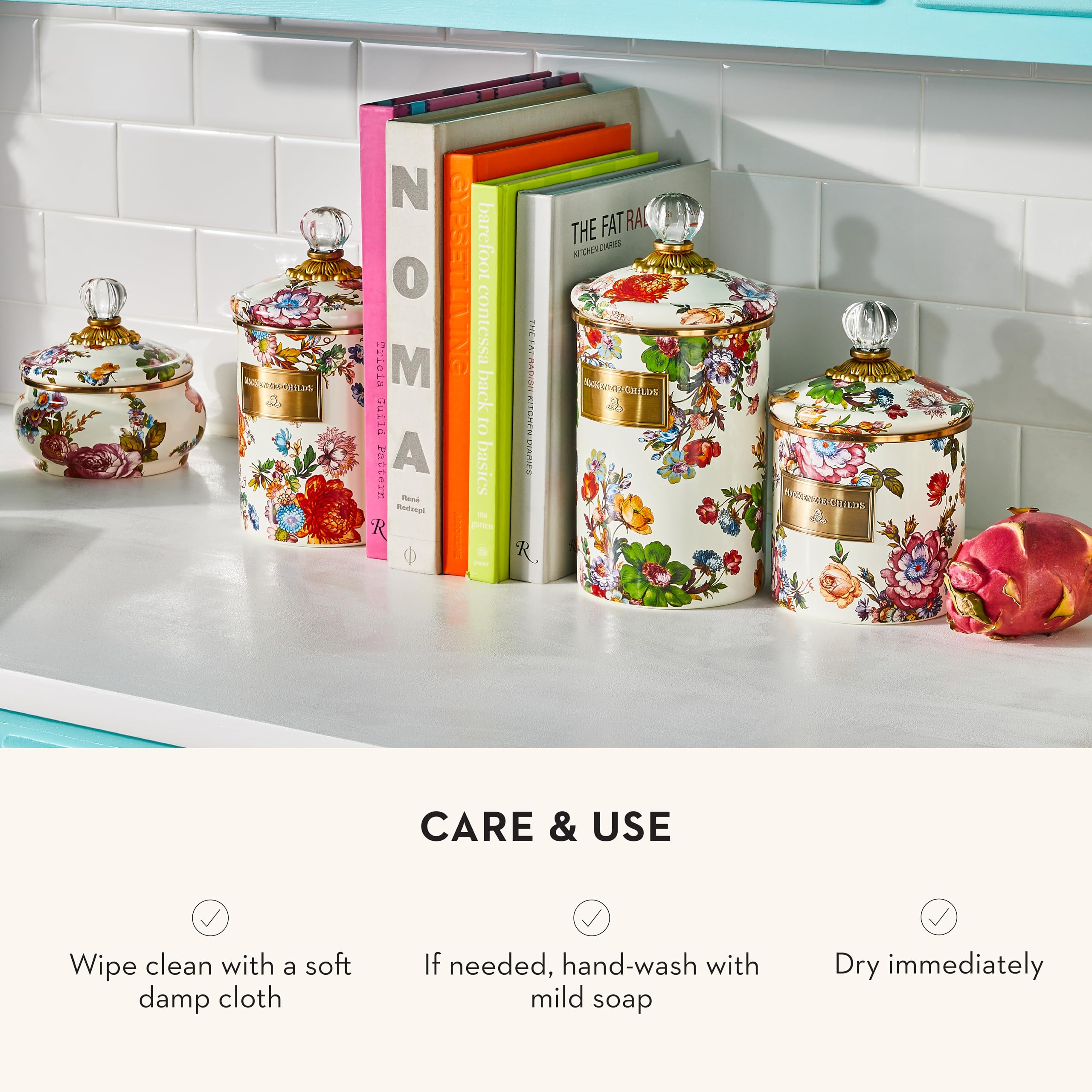 Mackenzie-Childs Small Enamel Canister, Kitchen Storage Container For Flour And Sugar, 1.13 Liters, White Flower Market