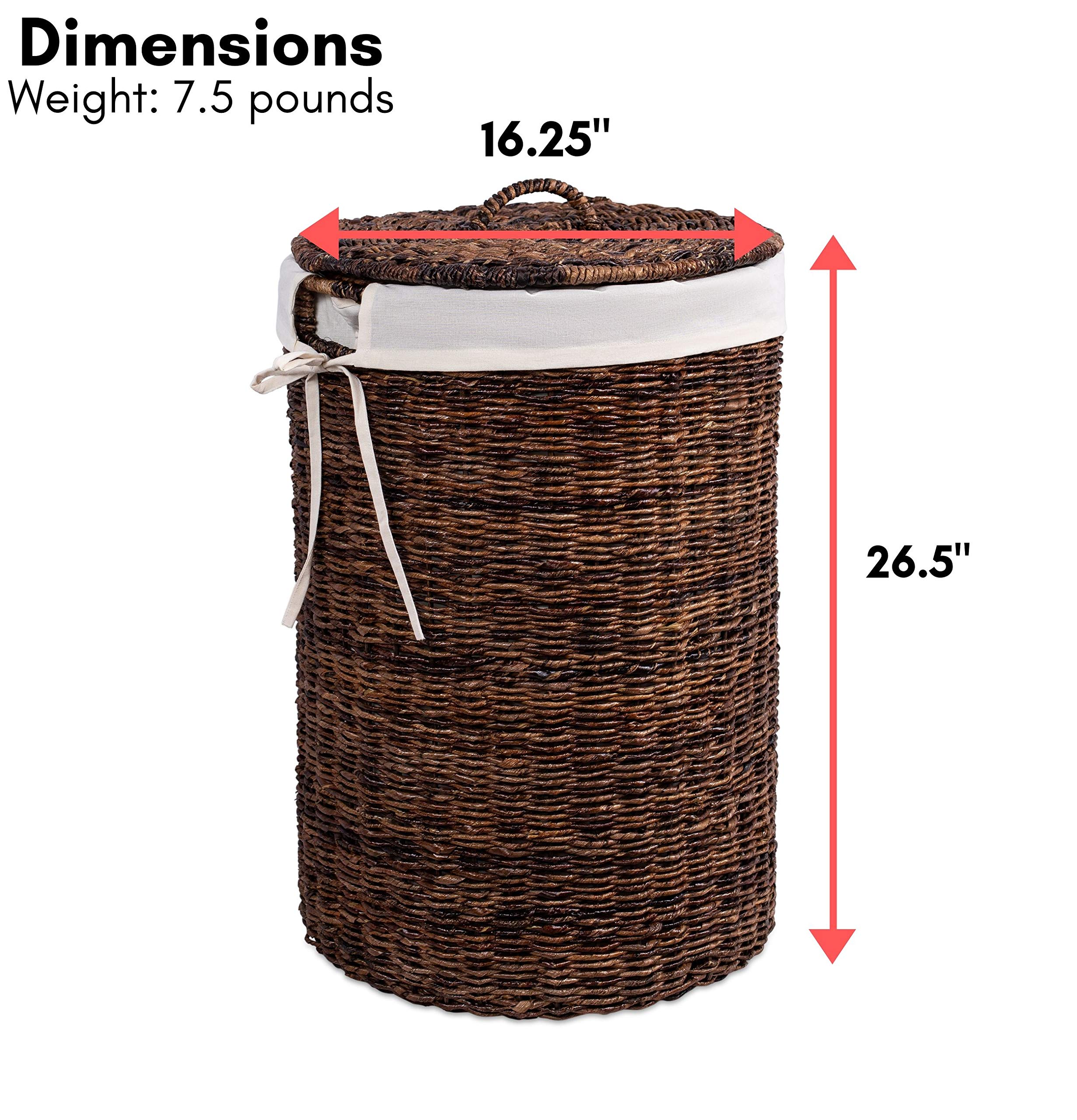 Seagrass Laundry Hamper With Liner | Round Clothes Bin With Lid | Cut-Out Handles For Easy Transport | Includes Machine Washable
