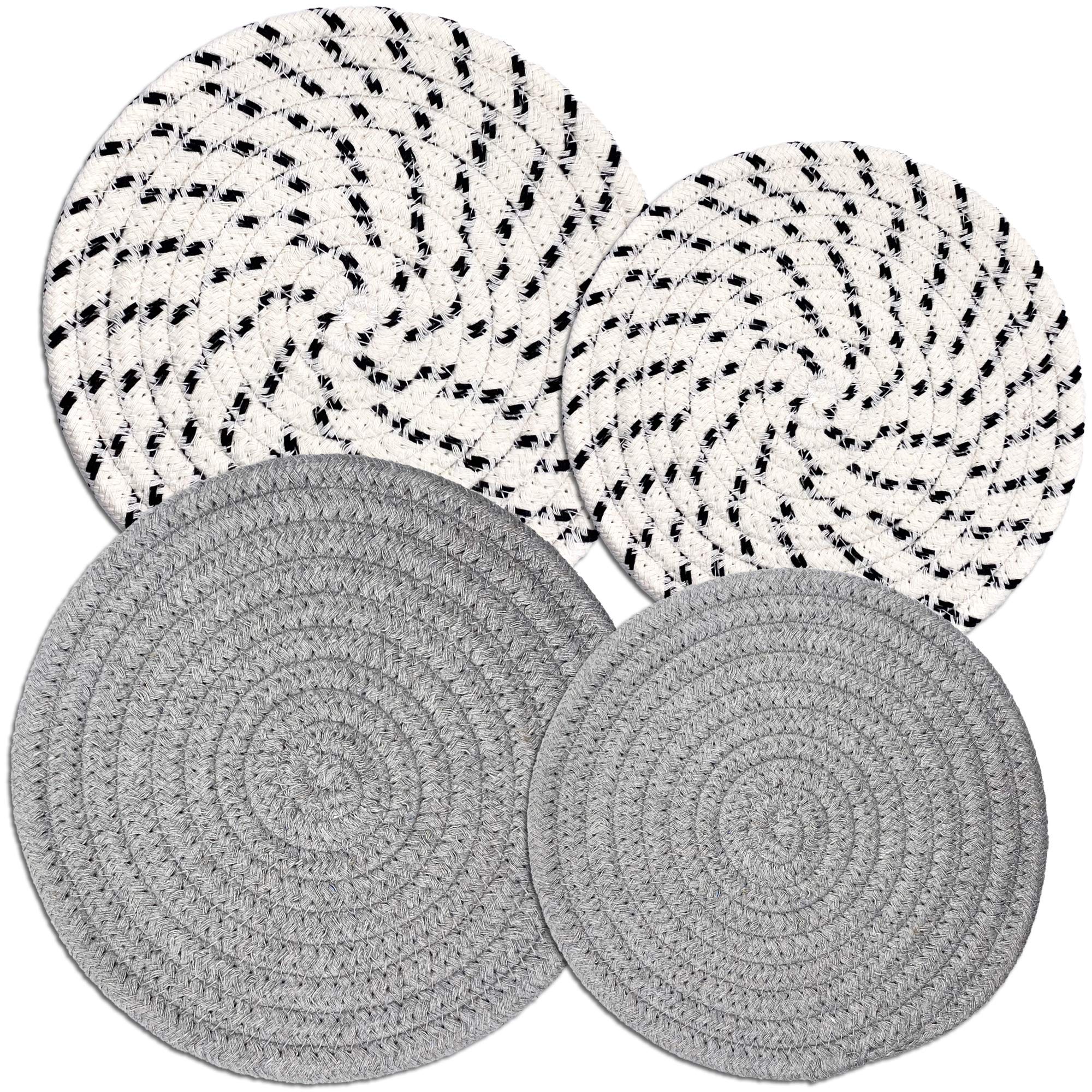 Set Of 4 Potholders & Trivets [2X9''+'' ''+''& ''+''2X7''+''] | Eco Pure Cotton Weave For Hot Pots & Pans | Gray + White & Black