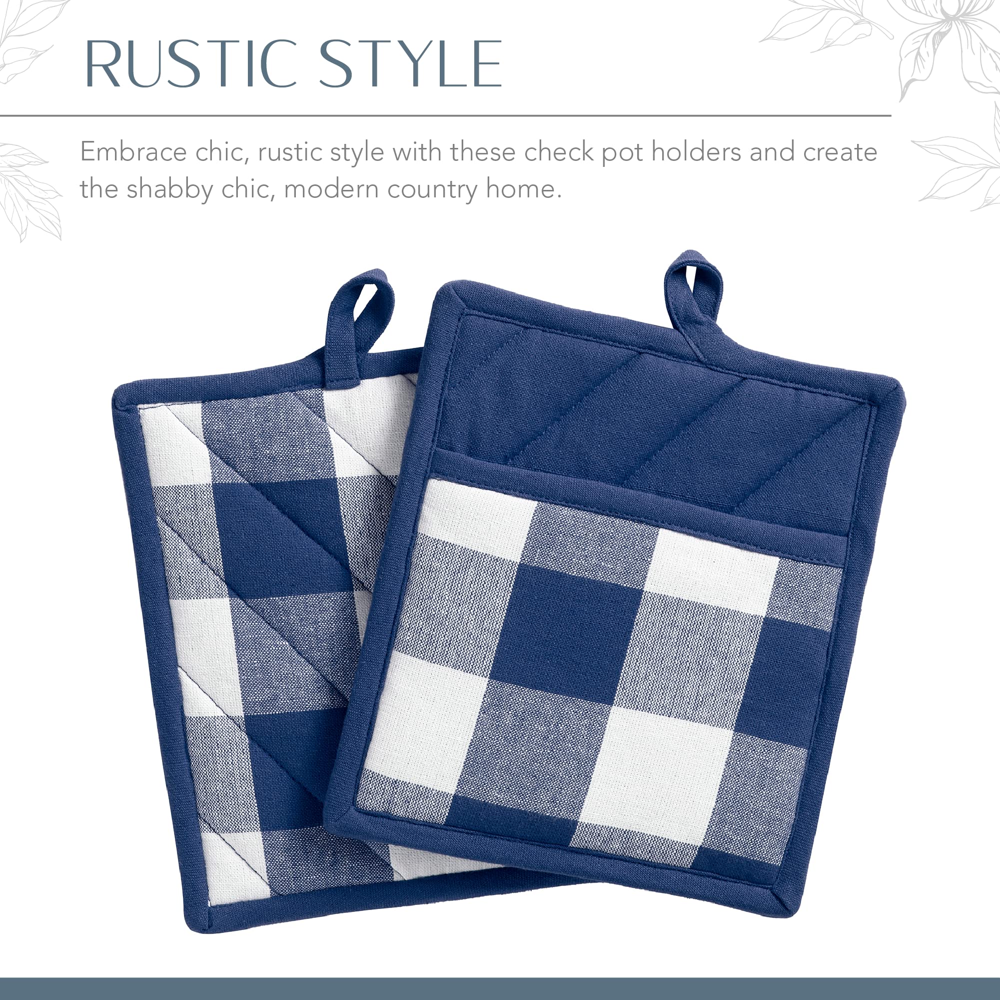 Elrene Home Fashions Farmhouse Living Buffalo-Check Pot-Holder Set, Rustic Pot Holders For Kitchen, Set Of 2, 8'' X 9'', Blue/Wh