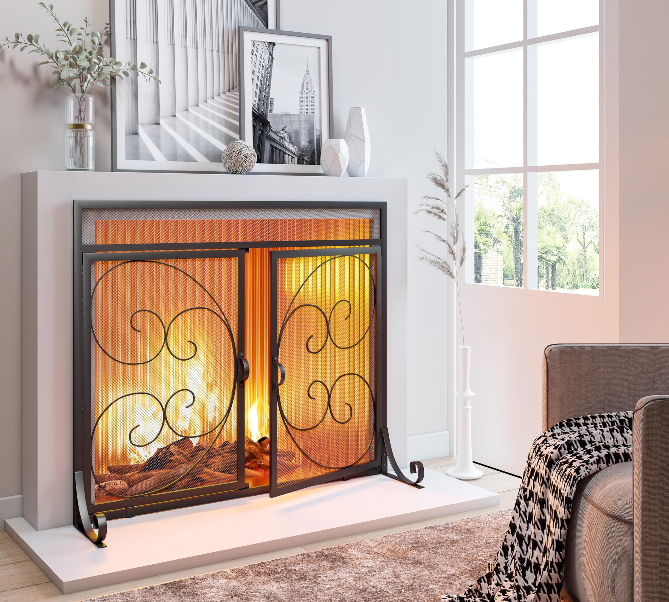Kingson Flat Fireplace Screen With Hinged Doors Handcrafted Wrought Iron Classical Scroll Durable Metal Mesh Decorative Free Sta
