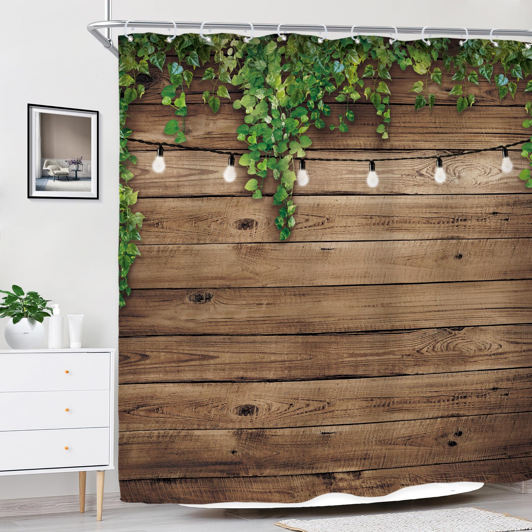Riyidecor Rustic Farmhouse Outdoor Shower Curtain Wooden Bran Door Green Leaves Antique Brown Wall Lights Bathroom Home Decor Waterproof Polyester 72WX72H Inch 12 Pack Hooks