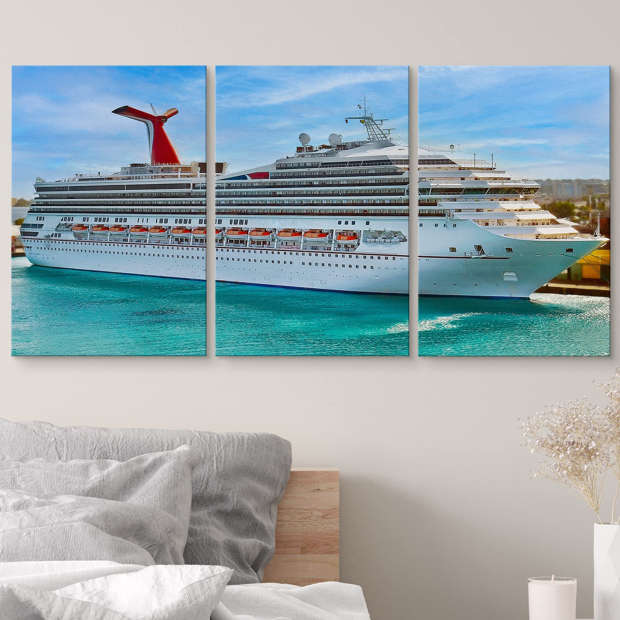 Wall26 Canvas Print Wall Art Set White & Red Cruise Ship In Coastal Dock Nature Ocean Photography Realism Nautical Scenic Colorf