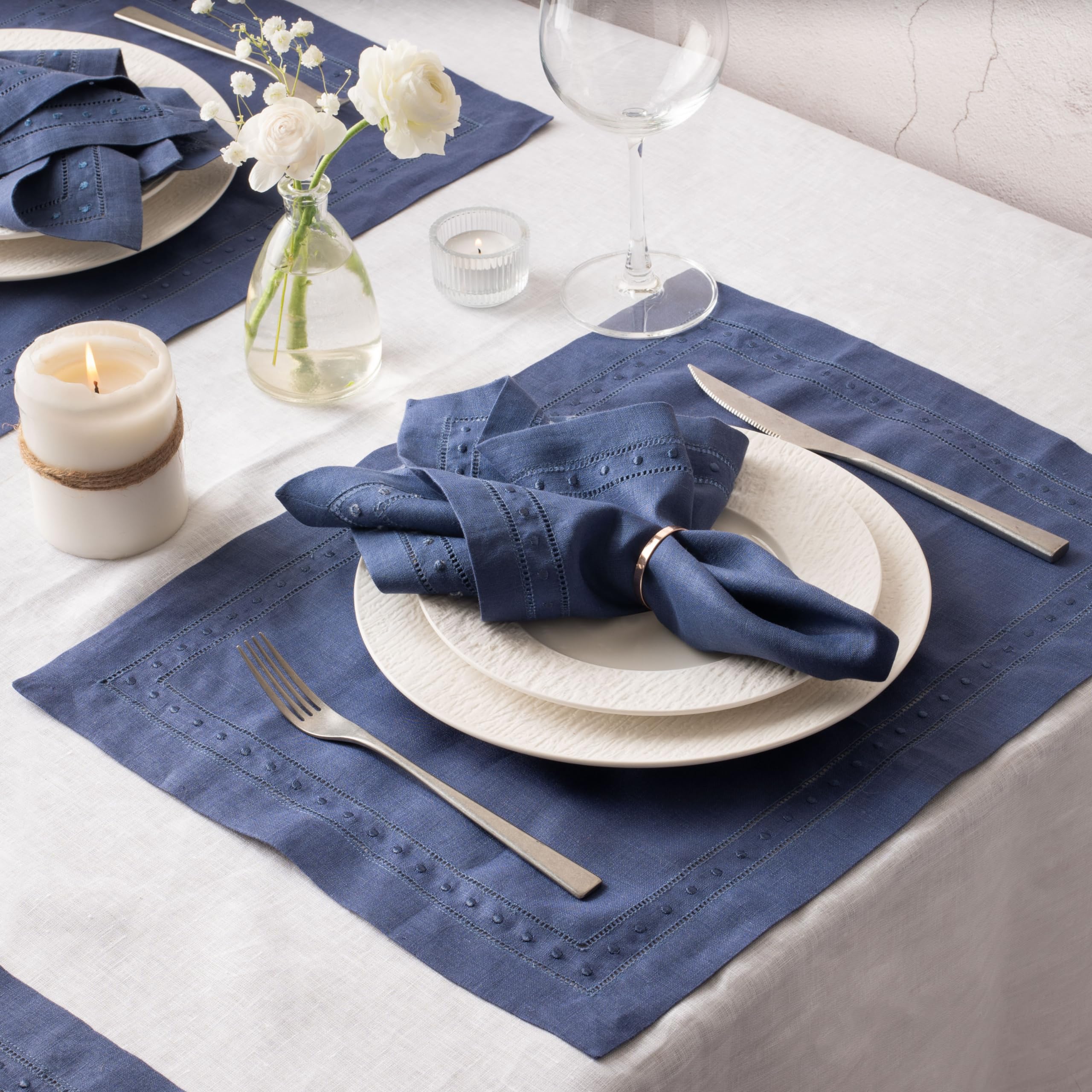 Linen Napkins Set Of 4-100% Pure Linen Navy Blue Dinner Napkins With Embroidered Dot 18 X 18 Inch - Hemstitch Cloth Napkins Wash