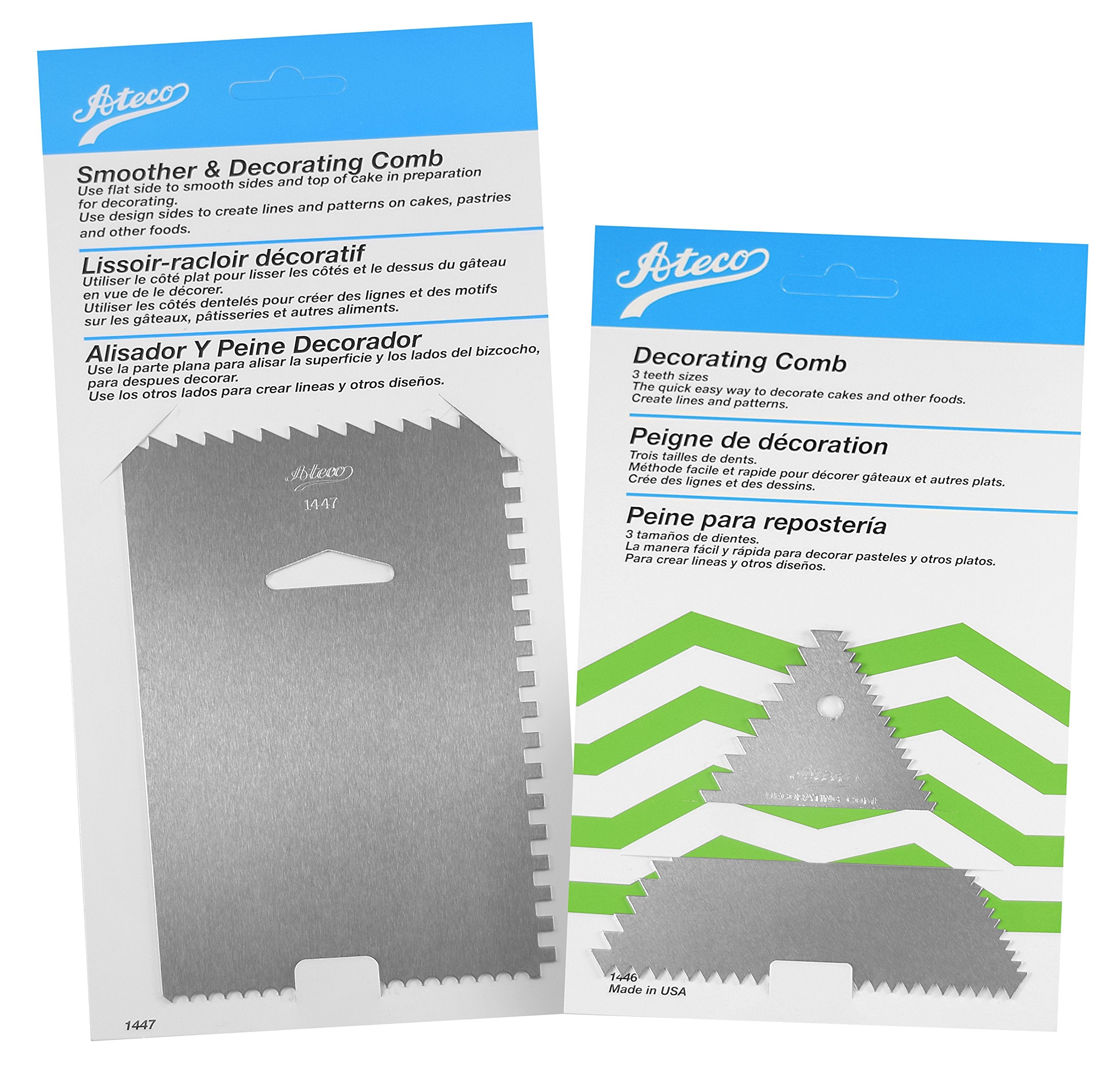 Ateco 1446 - 3 Sided Decorating Comb And 1447- 4 Sided Decorating Comb & Icing Smoother, 2 Pc Set,Silver