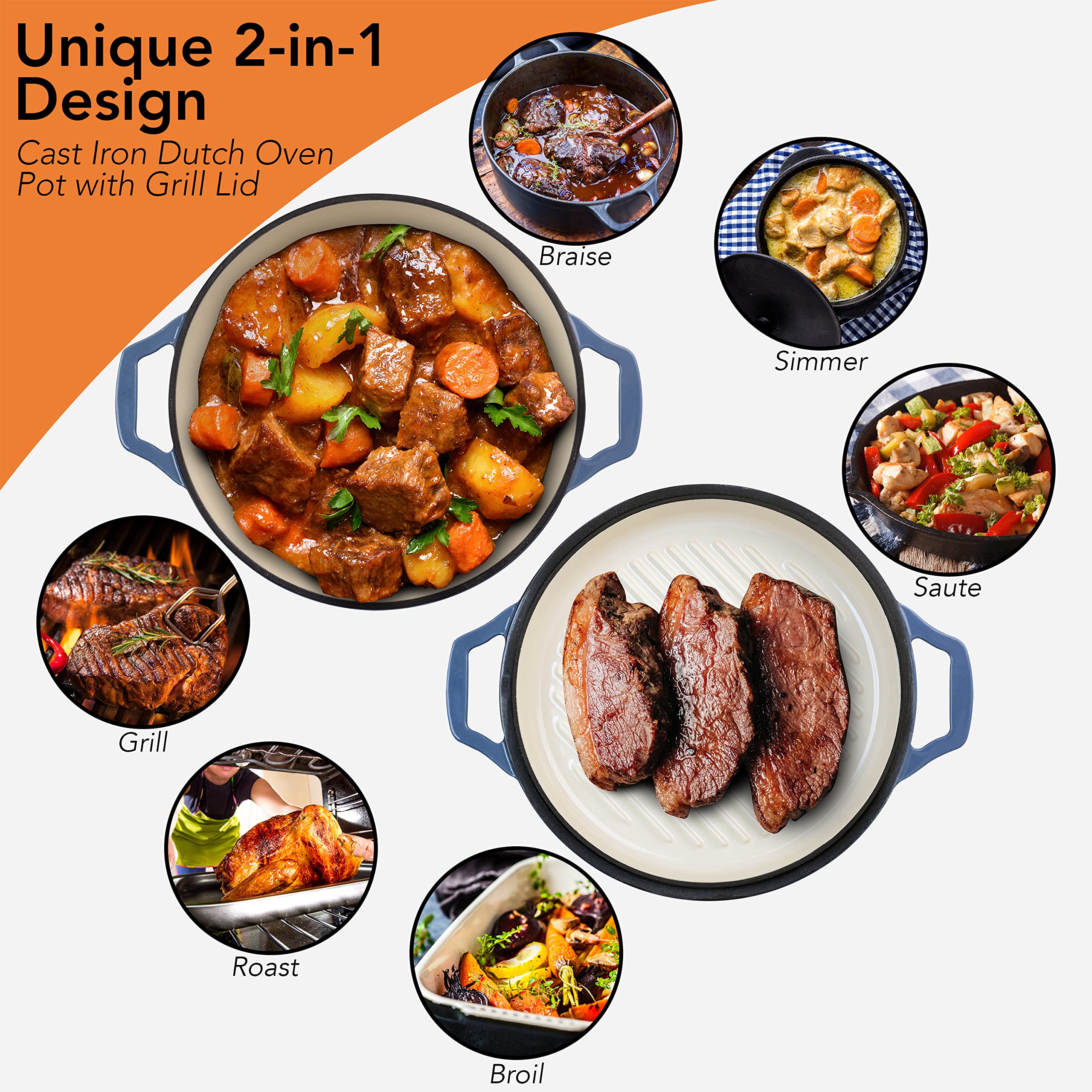Gennua Kitchen 2-in-1 Enameled Cast Iron Braiser Pan, 3.3-Quart, Blue, Casserole & Stovetop Grill Cookware
