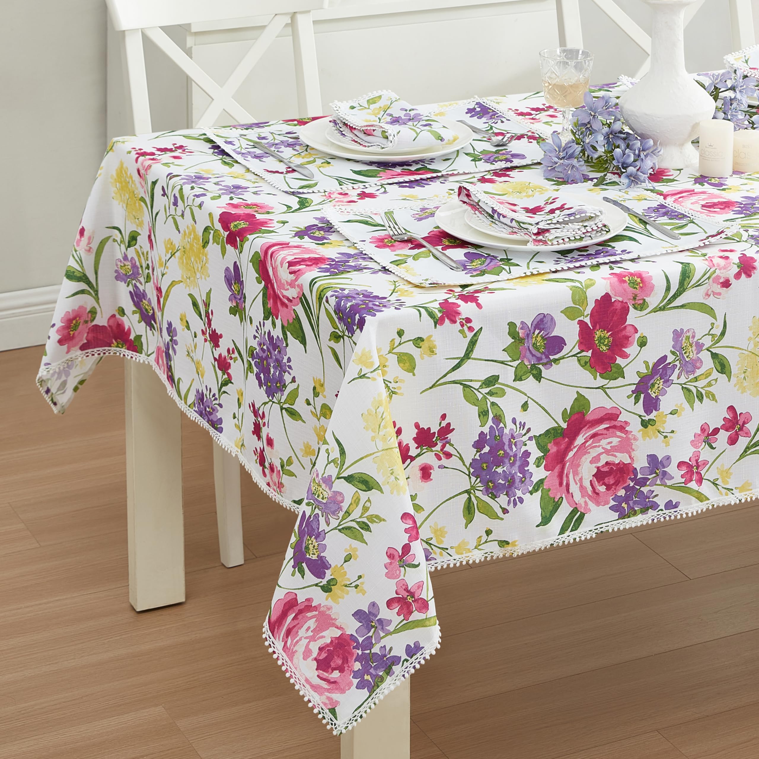 Newbridge Rectangle Fabric Tablecloth, 60 X 120 Inch, Summer Sophia Pom Pom Fringe, Wrinkle And Stain Resistant Pink And Purple