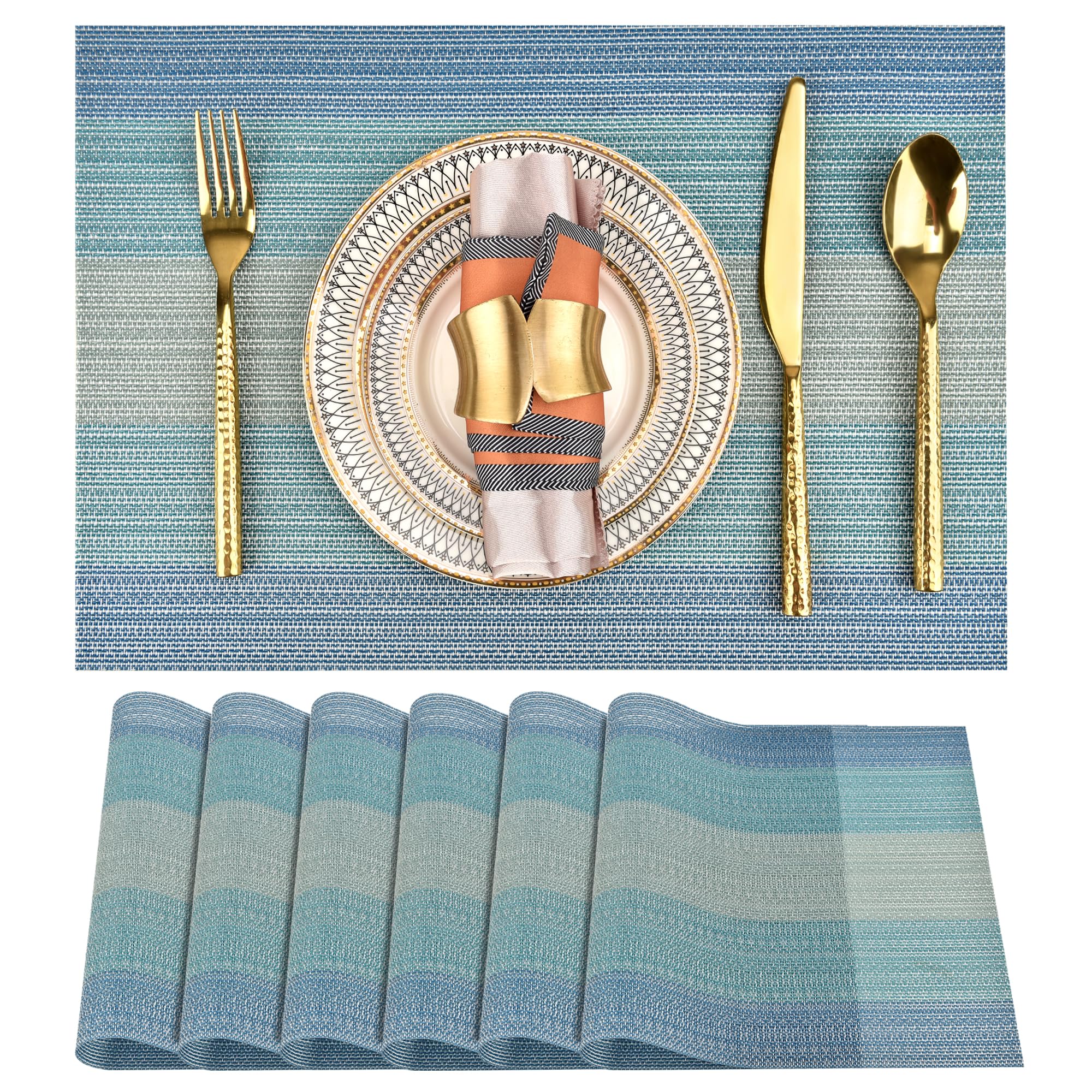 SLKQG Placemats Set of 6 - Easy Clean Washable Vinyl Placemats - Wipeable Heat Resistant Table Mats for Dining Table - 17.7x11.8
