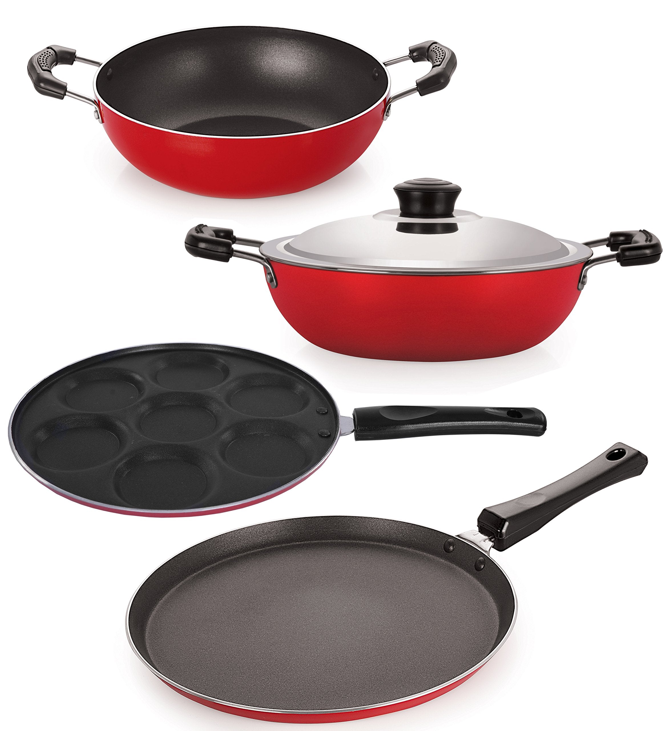 Nirlon NonStick Aluminium Cookware Set, 4Pieces, Red (26_Ft12_Kd14_Dkdb_Up)