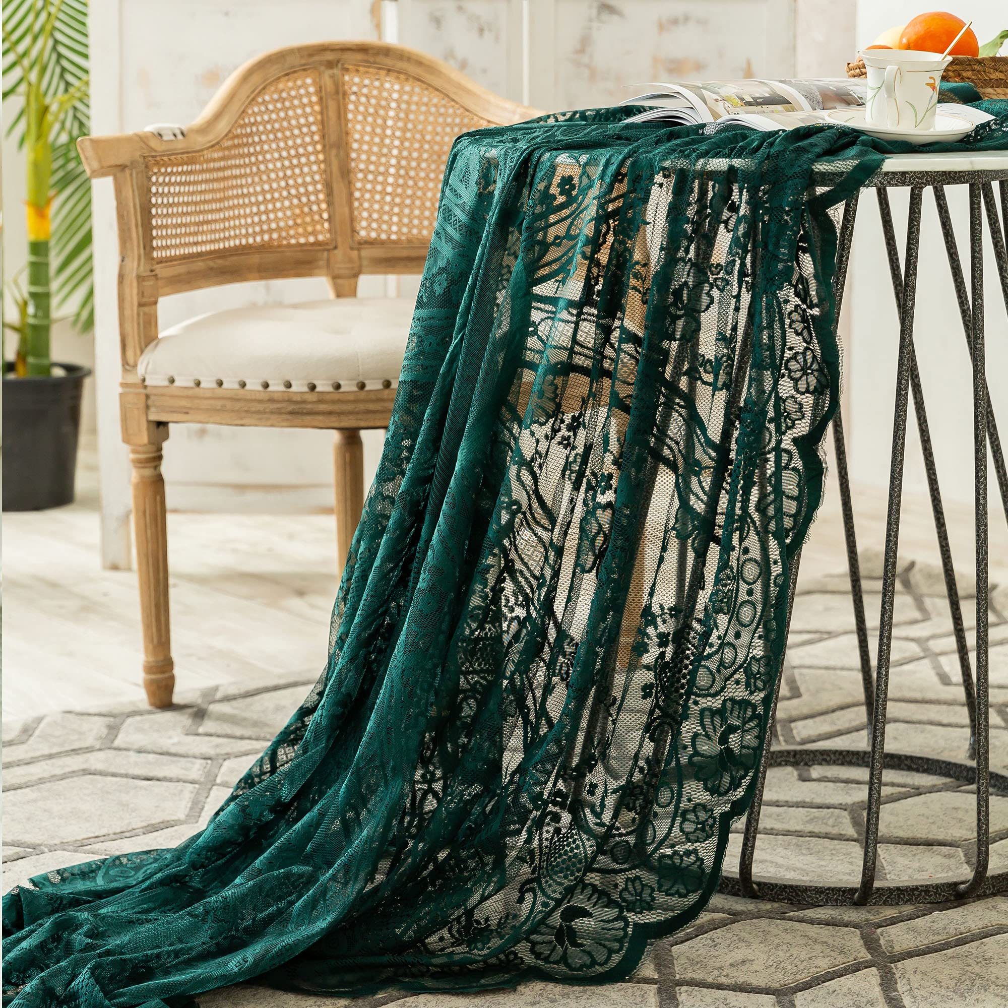 Fhberni Green Lace Tablecloth - Elegant Floral Patterns, 75" Round Overlay for Weddings & Parties