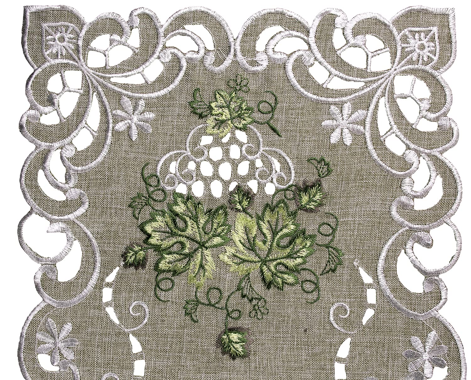 Embroidered Green Leaf On Antique Green Fabric Placemat, Table Runner, Dresser Scarf, Coffee Table Doily (11Wx21L)