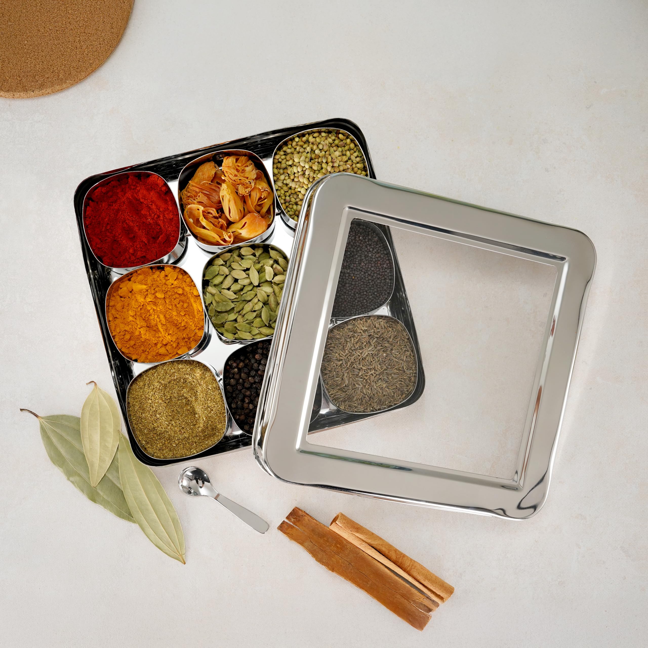 Aavjo Square Stainless Steel Masala Dabba Box | Spice Organiser With 9 Containers & Spoon | Clear See Through Lid | Dry Fruit St