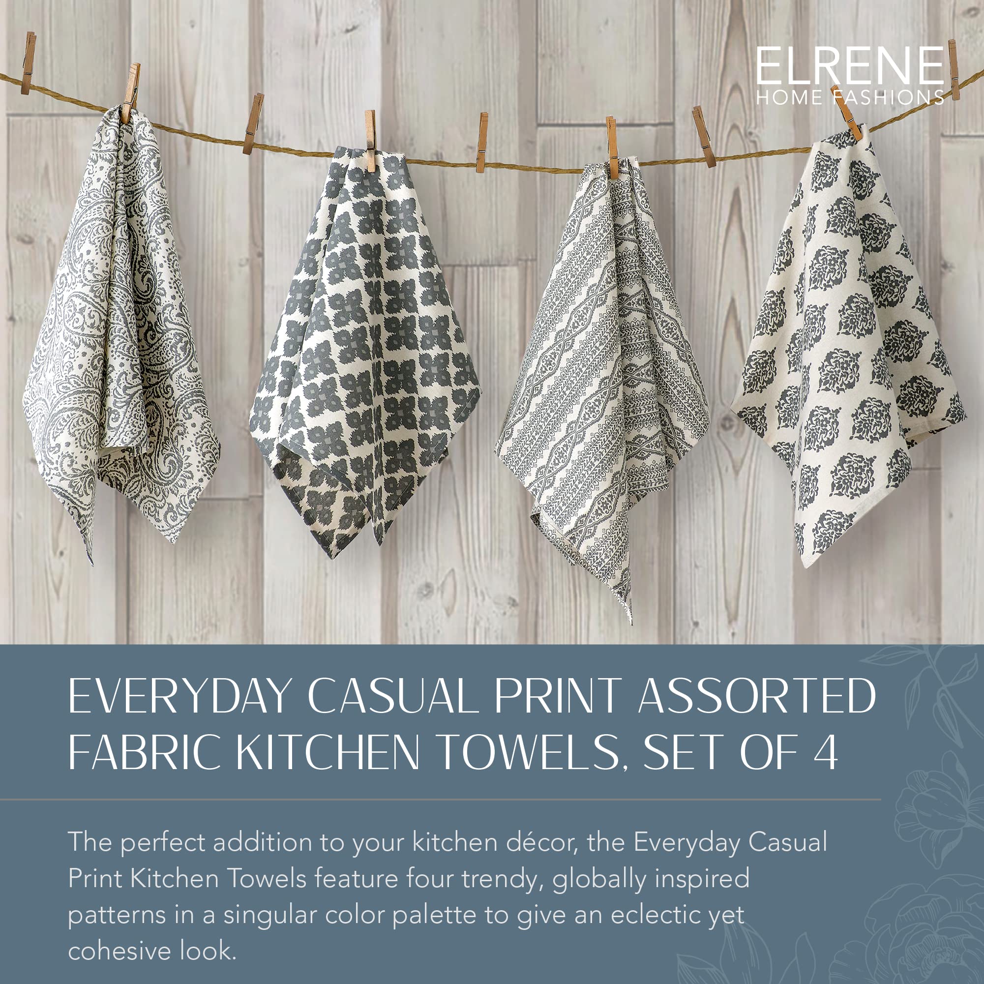 Elrene Home Fashions Everyday Casual Prints Assorted Cotton Fabric Kitchen Towels, Set Of 4, 17'' X 28'', Gray 4 Count