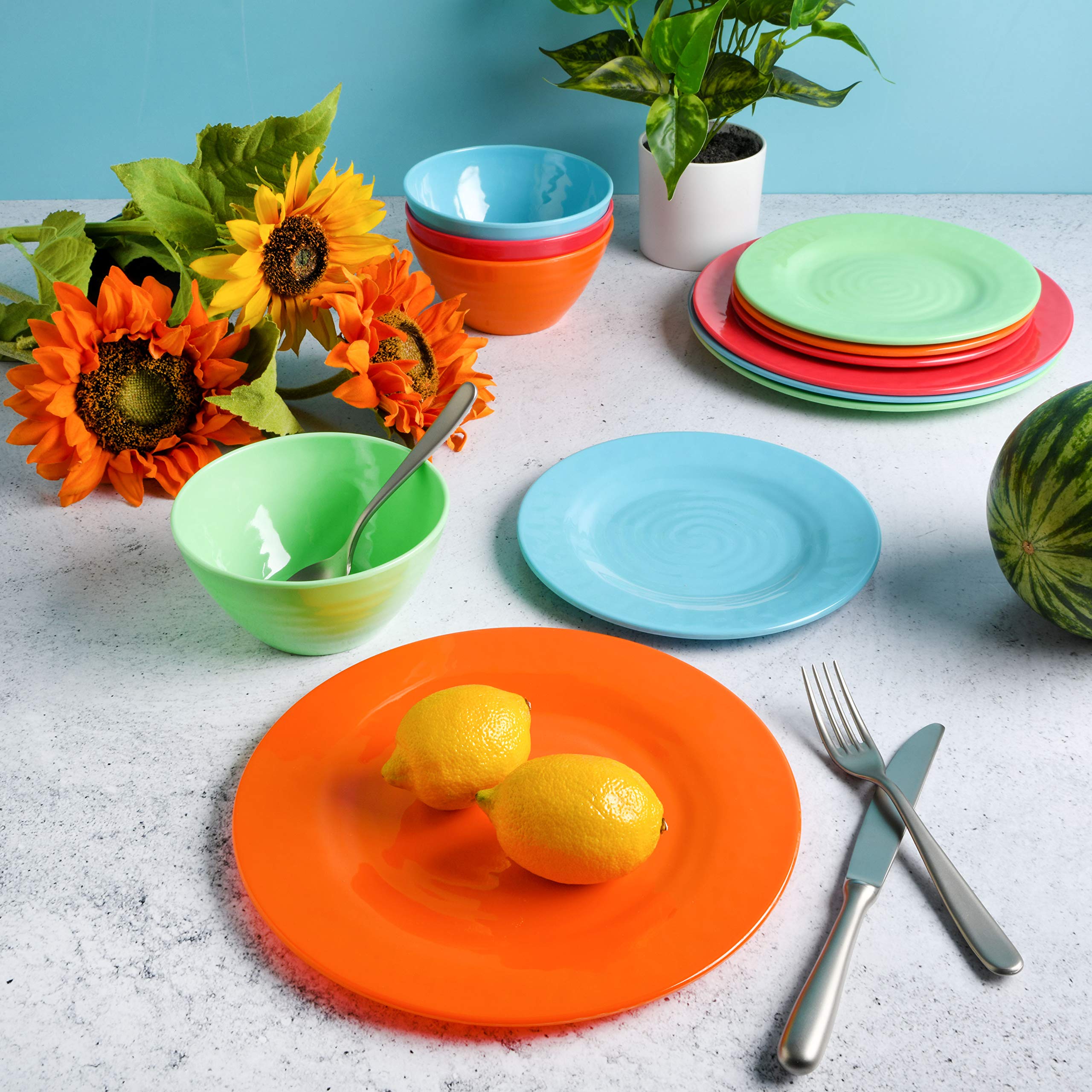 Gibson Home Brist Melamine Plastic Dinnerware Set, Service For Four (12Pcs), Assorted Ii