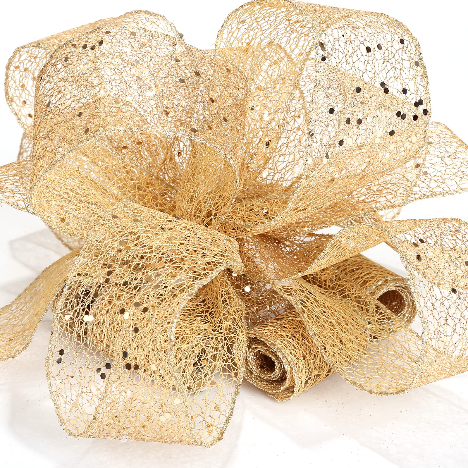 GWHOLE Gold Glitter Christmas Tree Toppers, 40 x 12 Inch Ribbon Bows for Christmas Tree House Xmas Decoration Supplies (Champaig