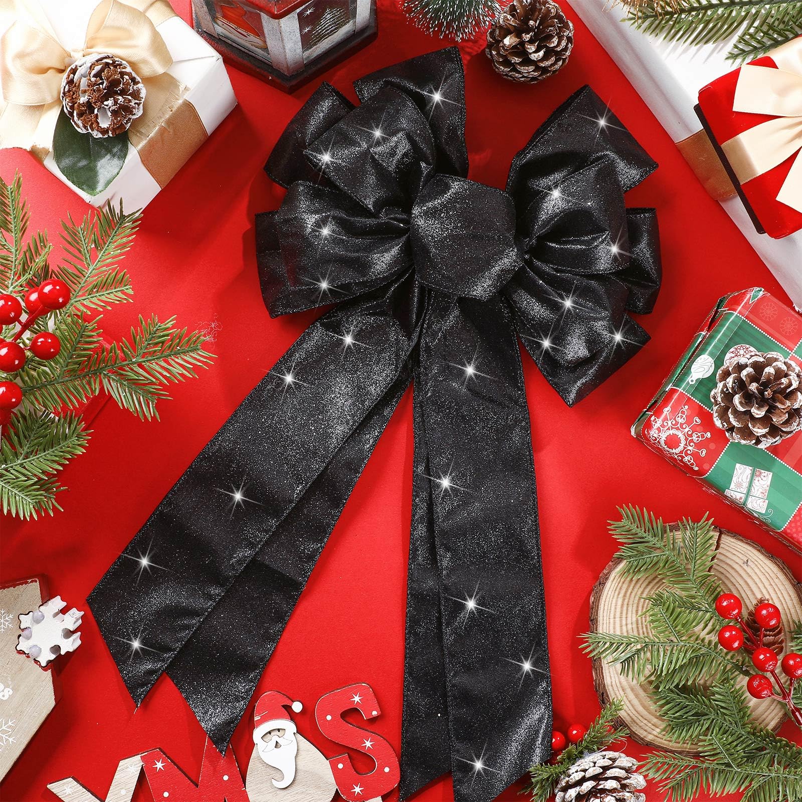 Giegxin 2 Pcs Large Black Lighted Christmas Bows with Lights for Wreath and Tree Topper, 18x10 Inch Pre Lit Black Wreath Bow Lig