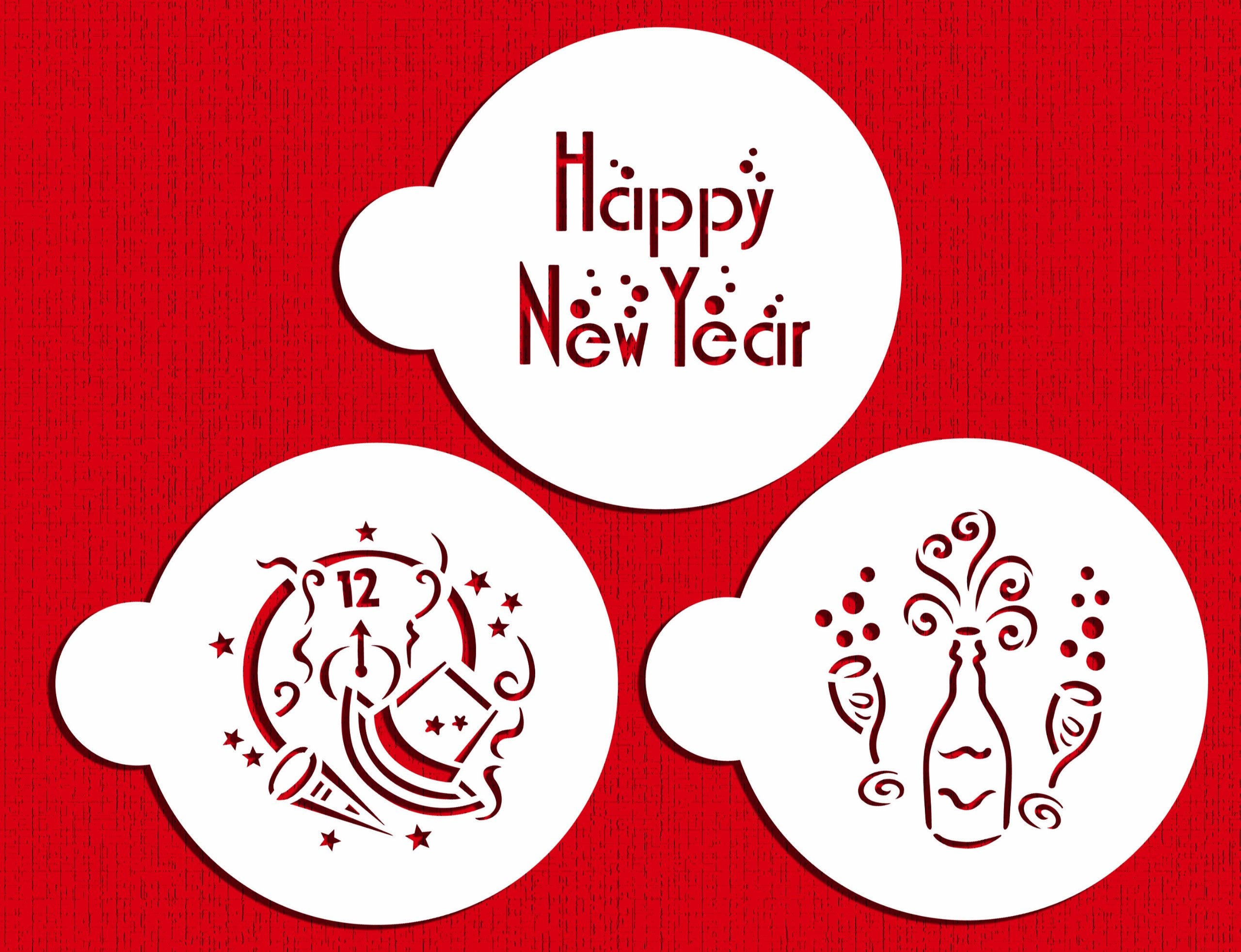 Designer Stencils Happy New Year Cookie Stencils, Beige/Semi-Transparent