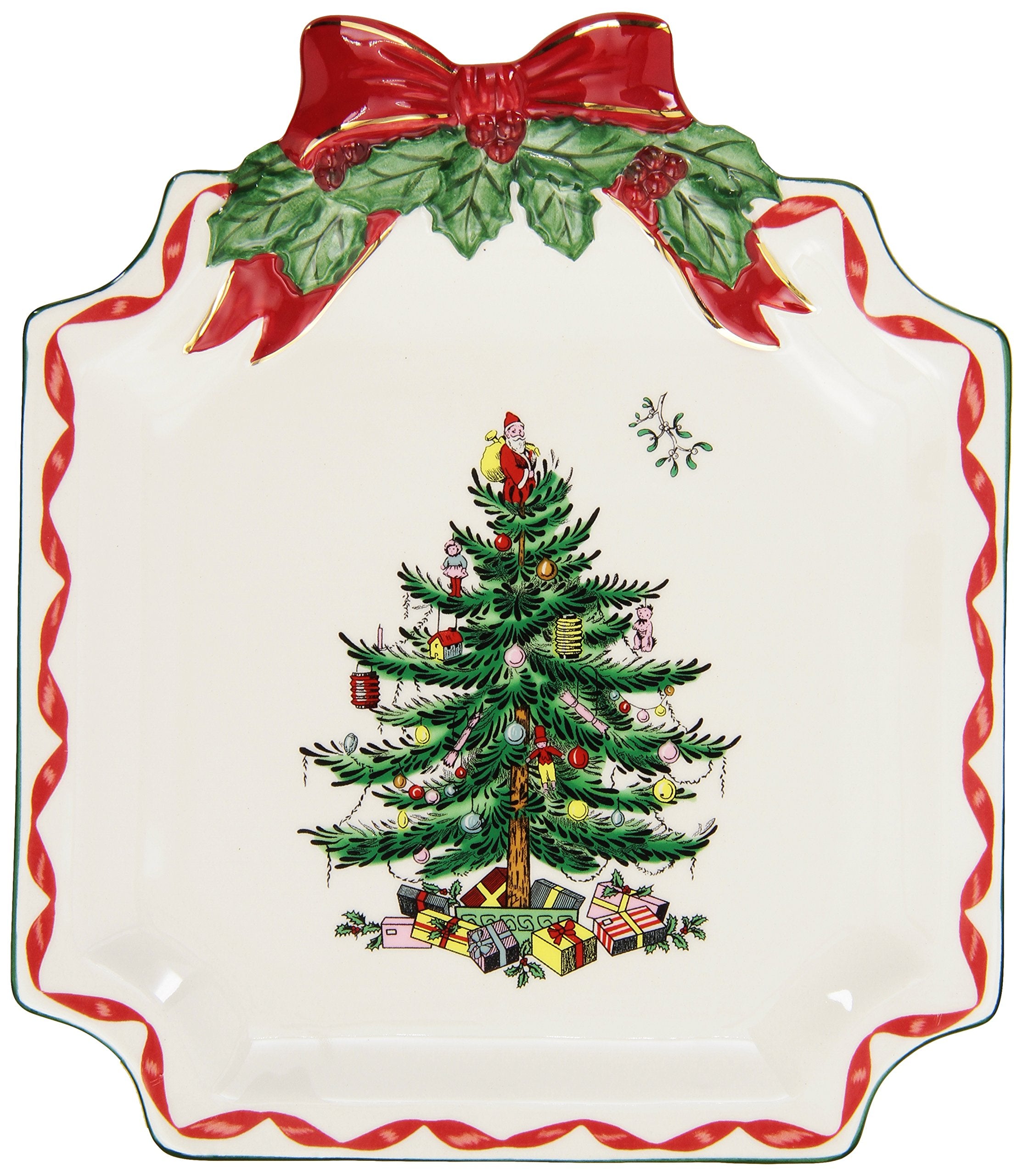 Spode Christmas Tree Ribbons Canape Platter  6.5Inch Holiday Serving Plate for Desserts, Appetizers, and Treats  Festive Eart