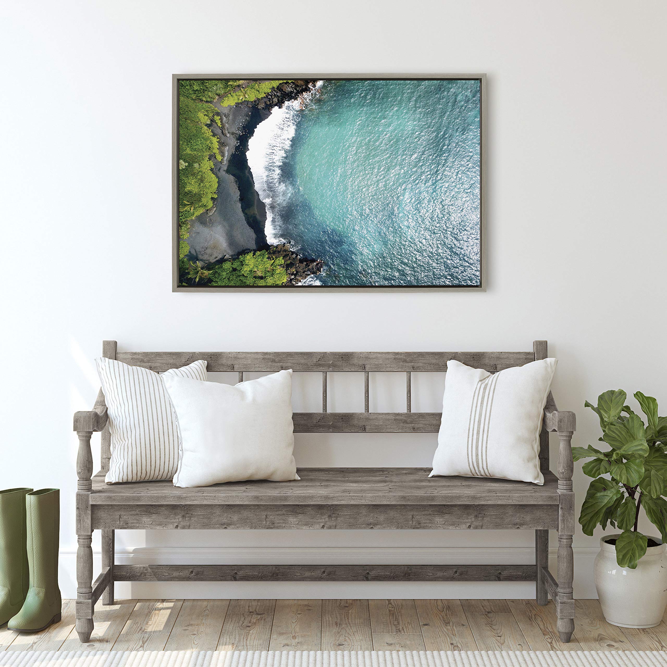 Kate And Laurel Sylvie Maui Black Sand Beach 1 Framed Canvas Wall Art By Rachel Dowd, 23X33 Gray, Coastal Art For Wall