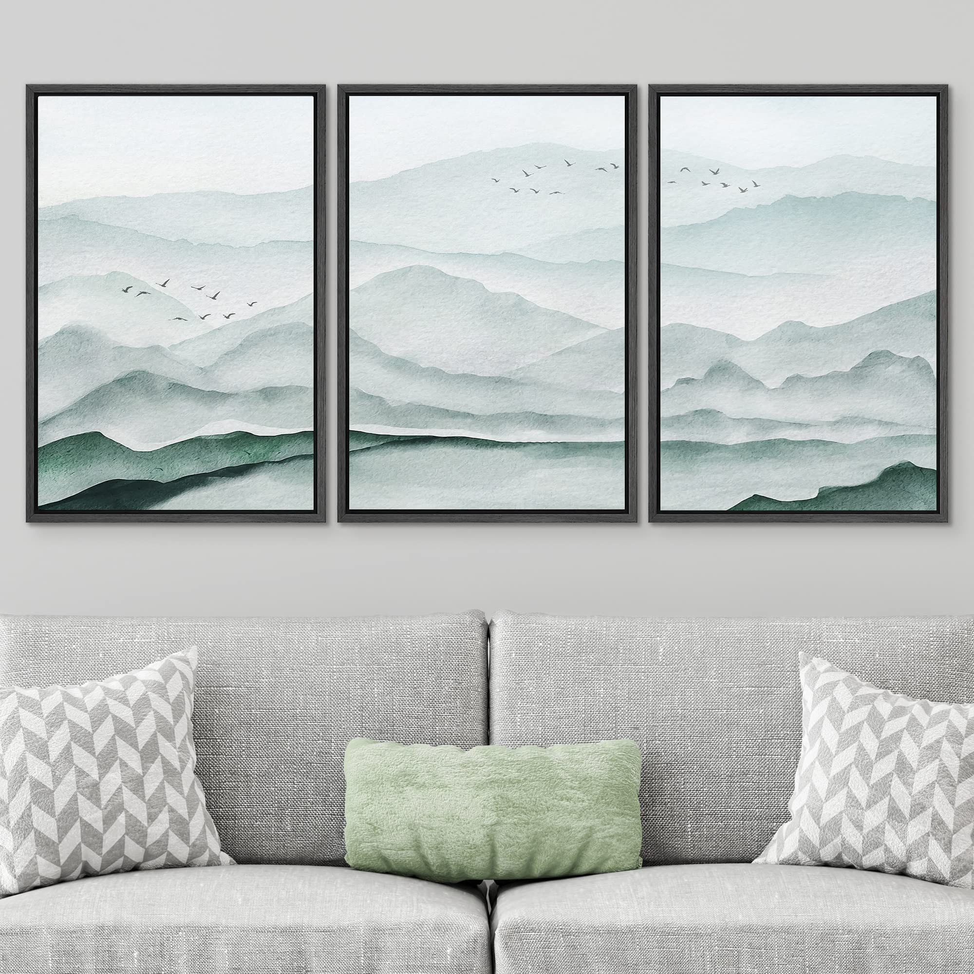 Signwin Framed Canvas Print Wall Art Set Teal Misty Mountain Range Bird Sky Nature Wilderness Illustrations Modern Art Decorativ