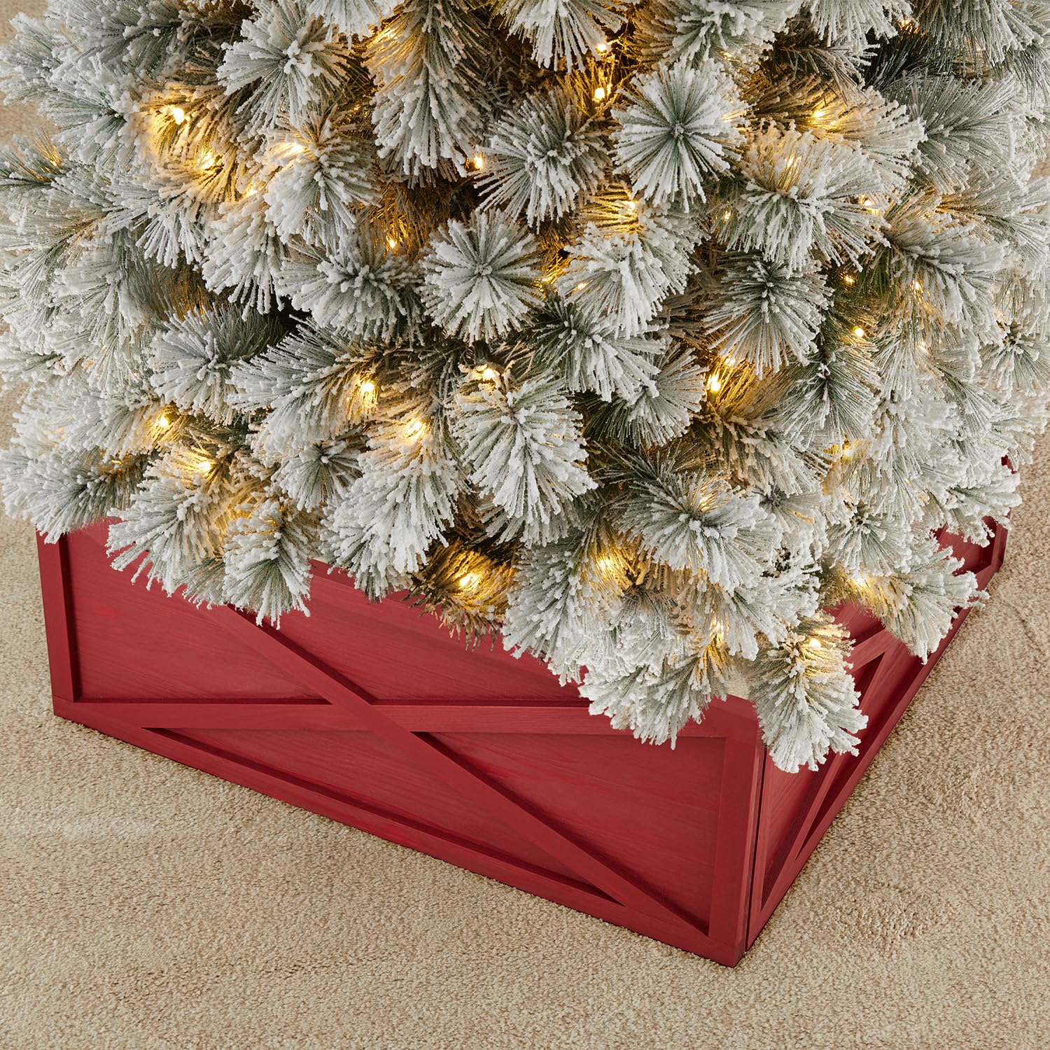 Glitzhome Christmas Tree Collar, Christmas Tree Collars for Artificial Trees, 32 L Red Wooden Tree Collar Tree Stand Cover Chris