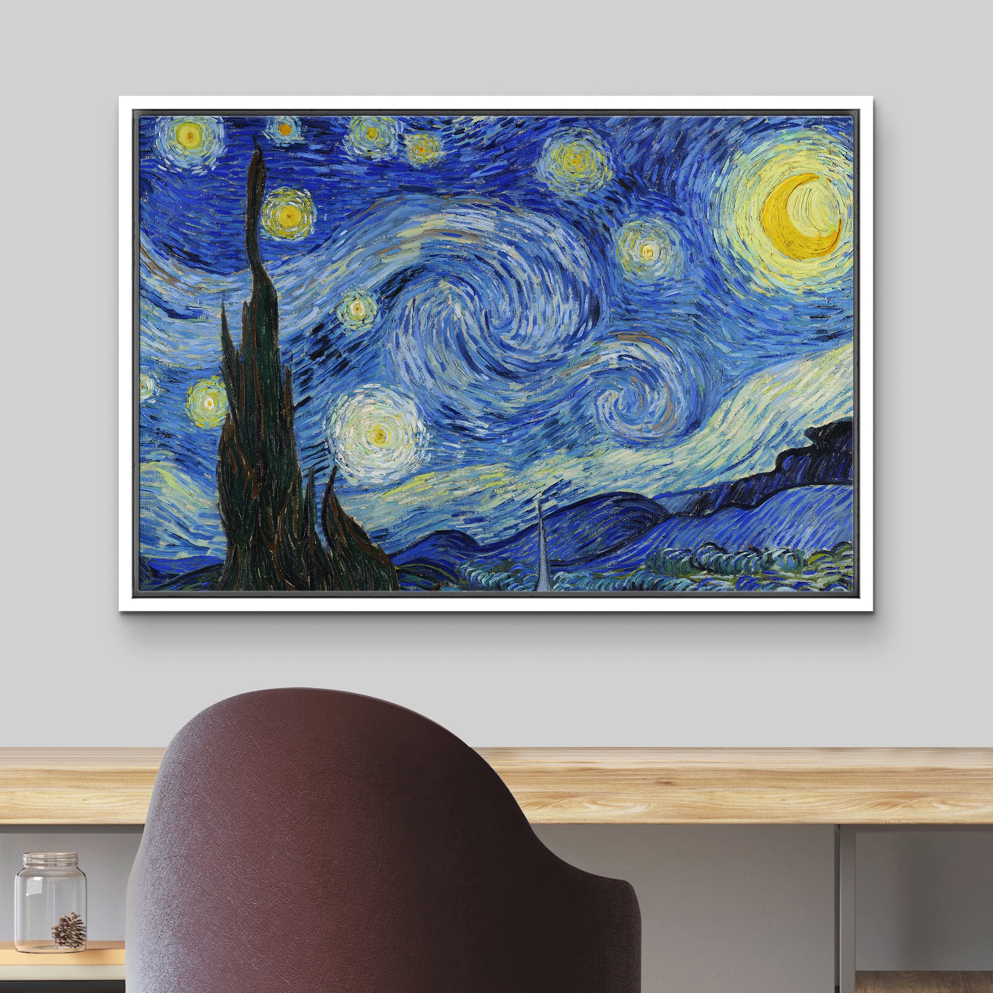 Wall26 - Starry Night By Vincent Van Gogh - Framed Canvas Art Wall Art - 16''X24'' White