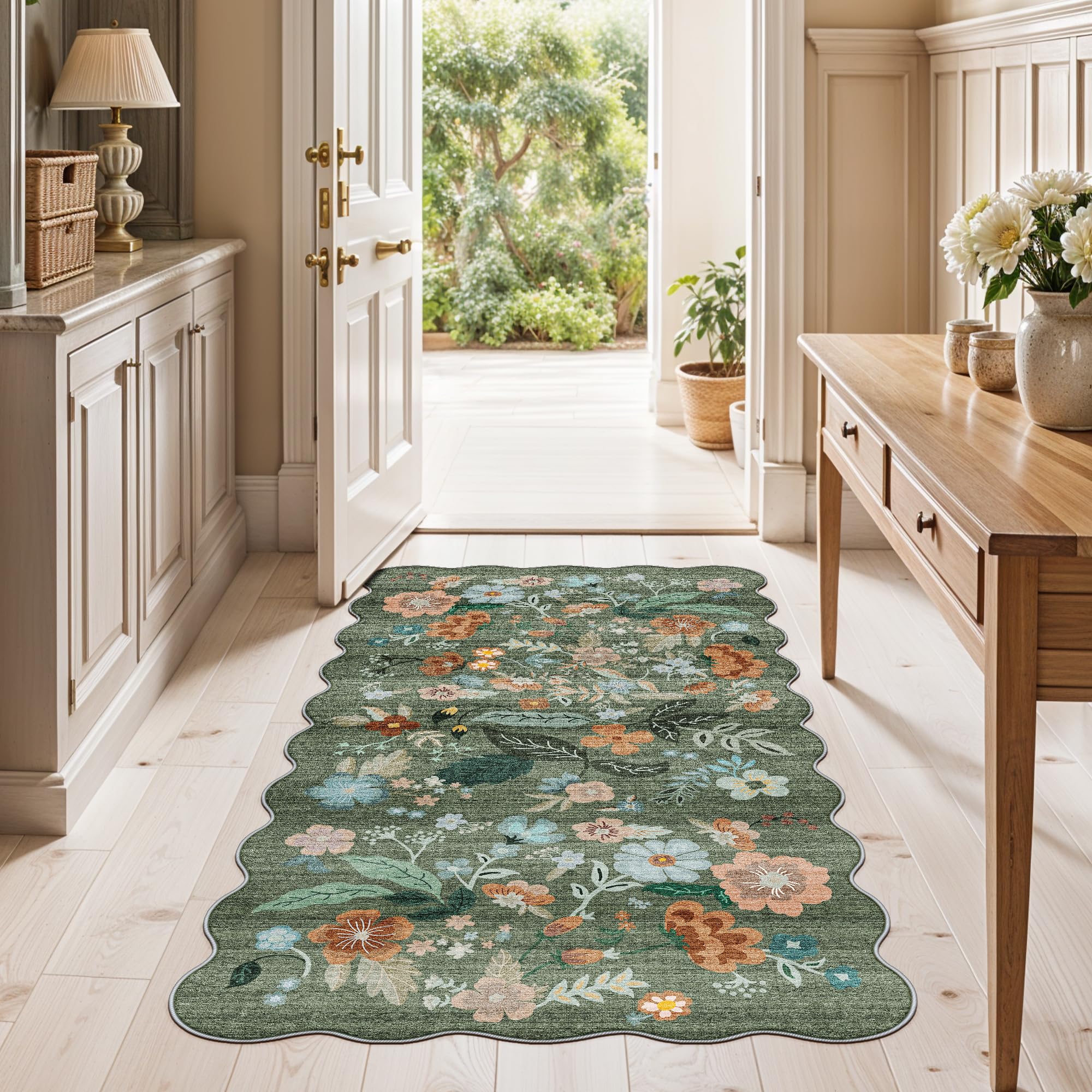 Washable Floral 2x4 Area Rug: Indoor Soft Scalloped Carpet for Entryway Kitchen Non-Slip Water Resistant Bathroom Laundry Floor