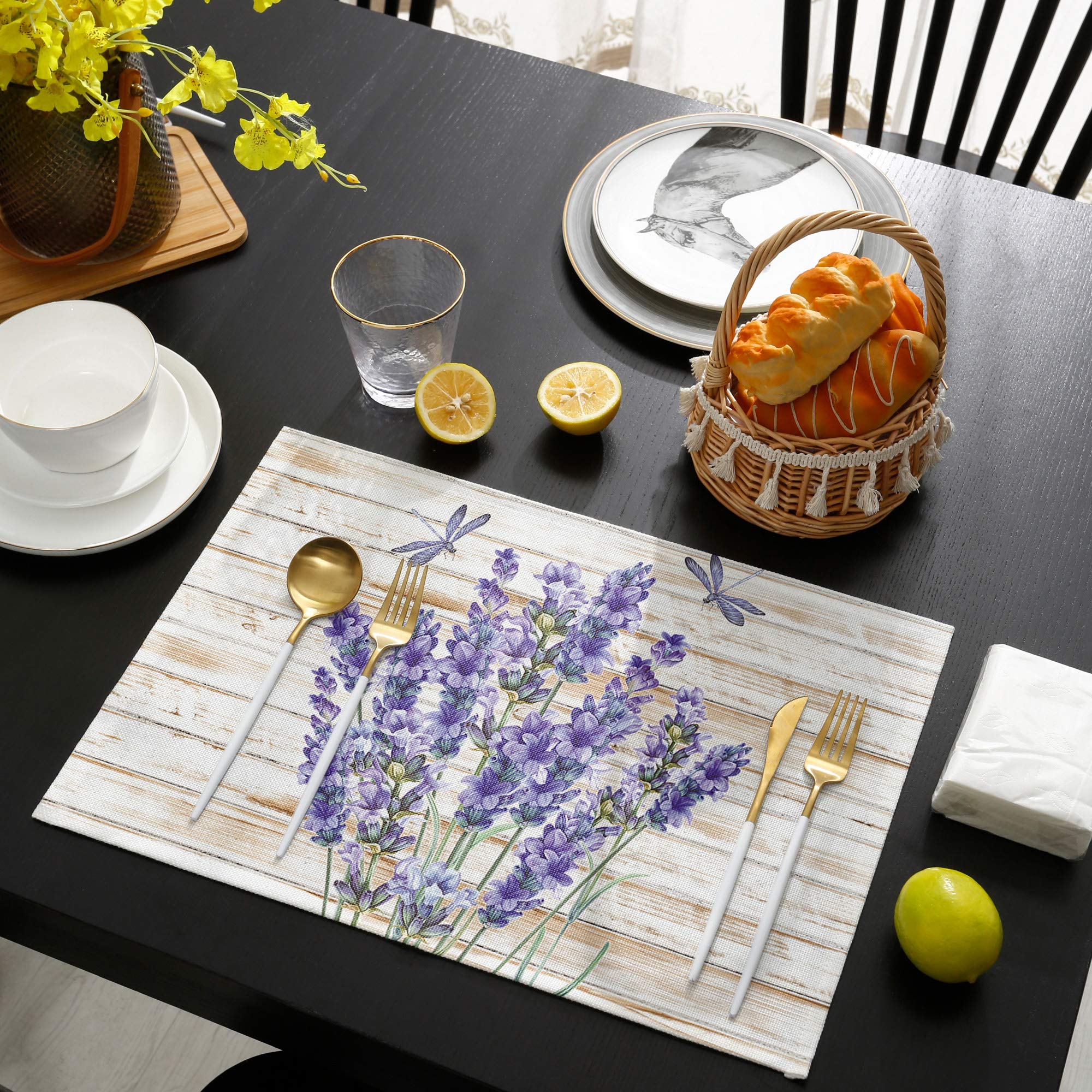 Purple Lavender Flower Floral Placemats Set Of 6 Non Slip Washable Table Mats Set, Dragonfly Rustic Wood Grain Table Placemats F