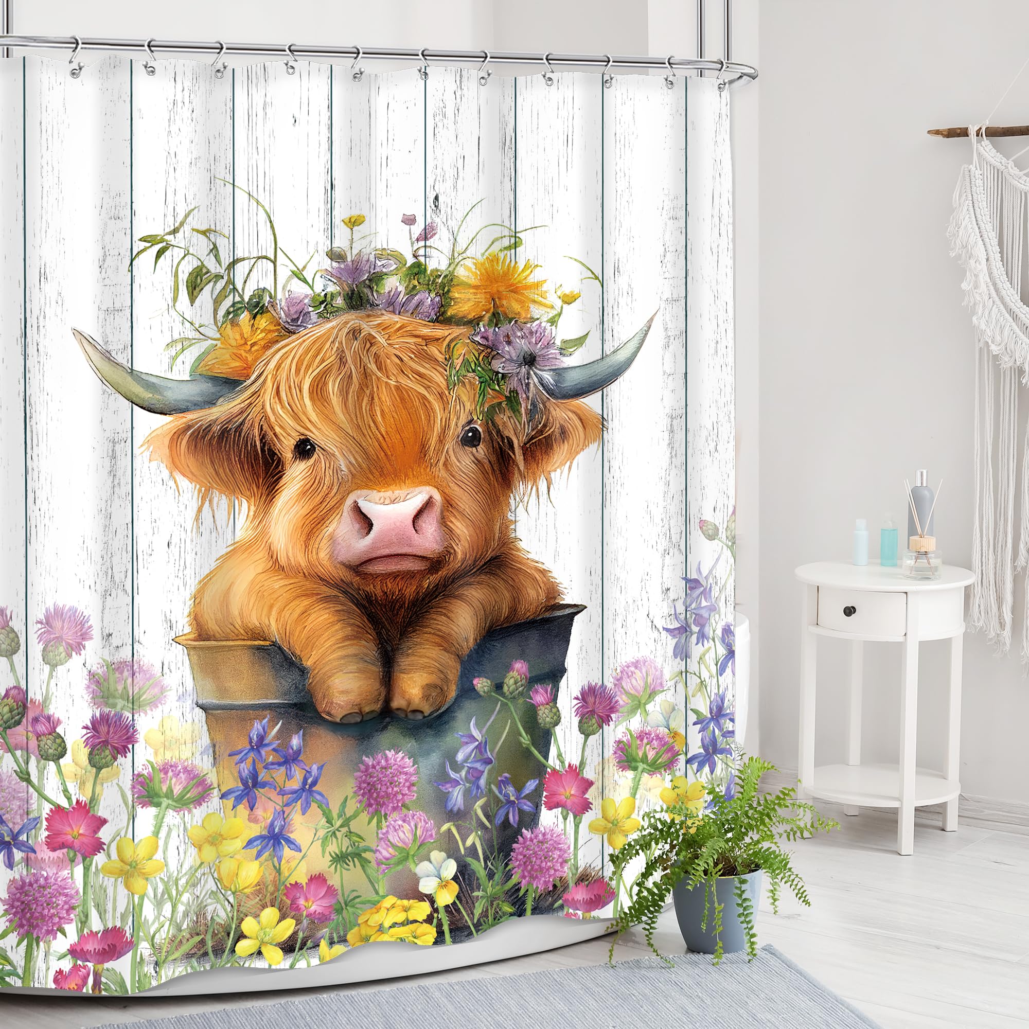 Mitpok Farmhouse Highland Cow Shower Curtain 60Wx72H Western Spring Rustic Funny Calf Country Bull Animal Wood Floral Flower Pla
