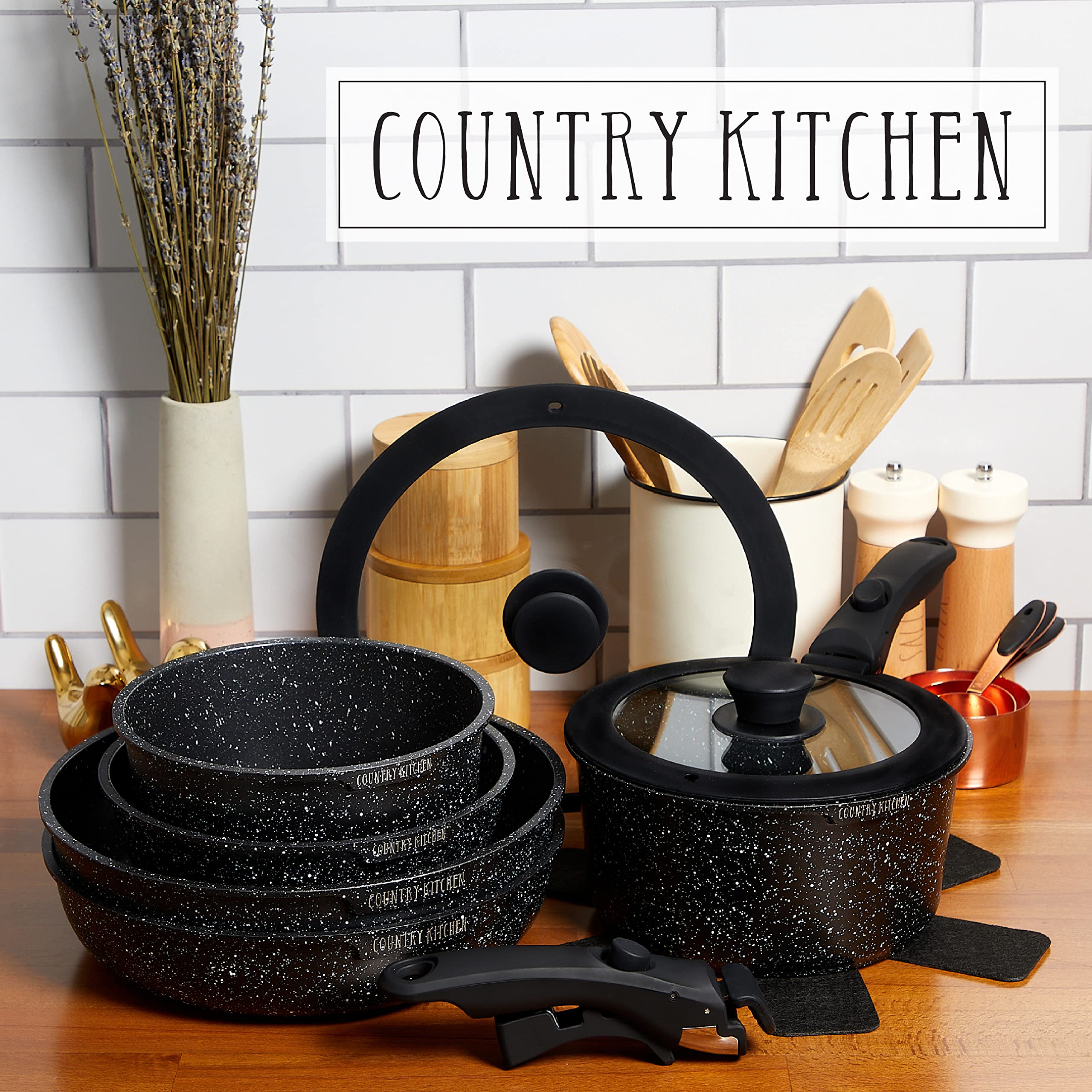 Country Kitchen 13 Piece Pots and Pans Set - Safe Nonstick Kitchen Cookware with Removable Handle, RV Cookware Set, Oven Safe (B