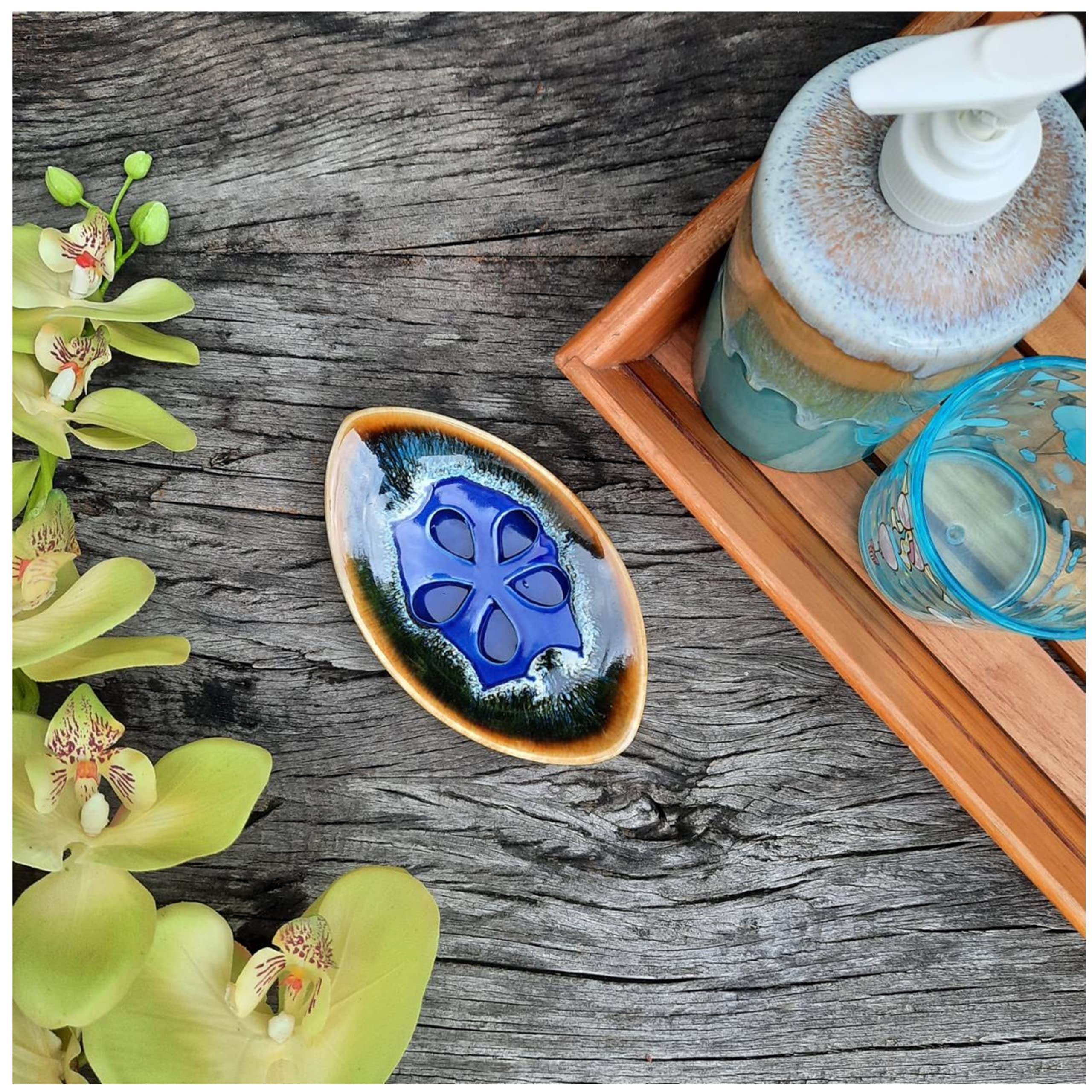 Lungmongkol Shop Ceramic Soap Dish With Self Draining Tray For Bar Soap, Bathroom, Kitchen (Blue No.2)