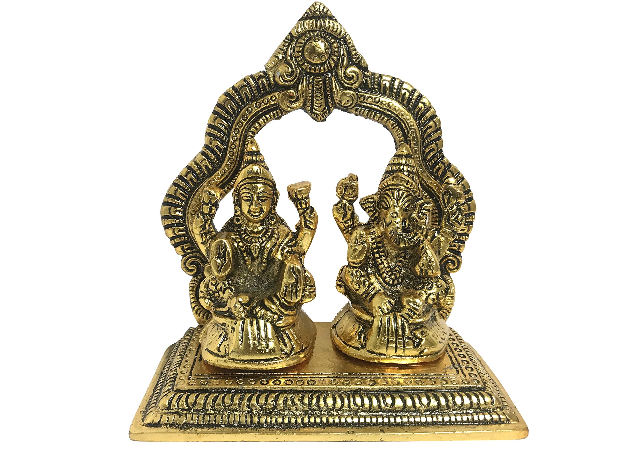 Evisha Golden Brass Lord Lakshmi/Ganesha Laxmi/Ganesh With Back Frame Statue Antique Finish Idols Murti Pooja Temple